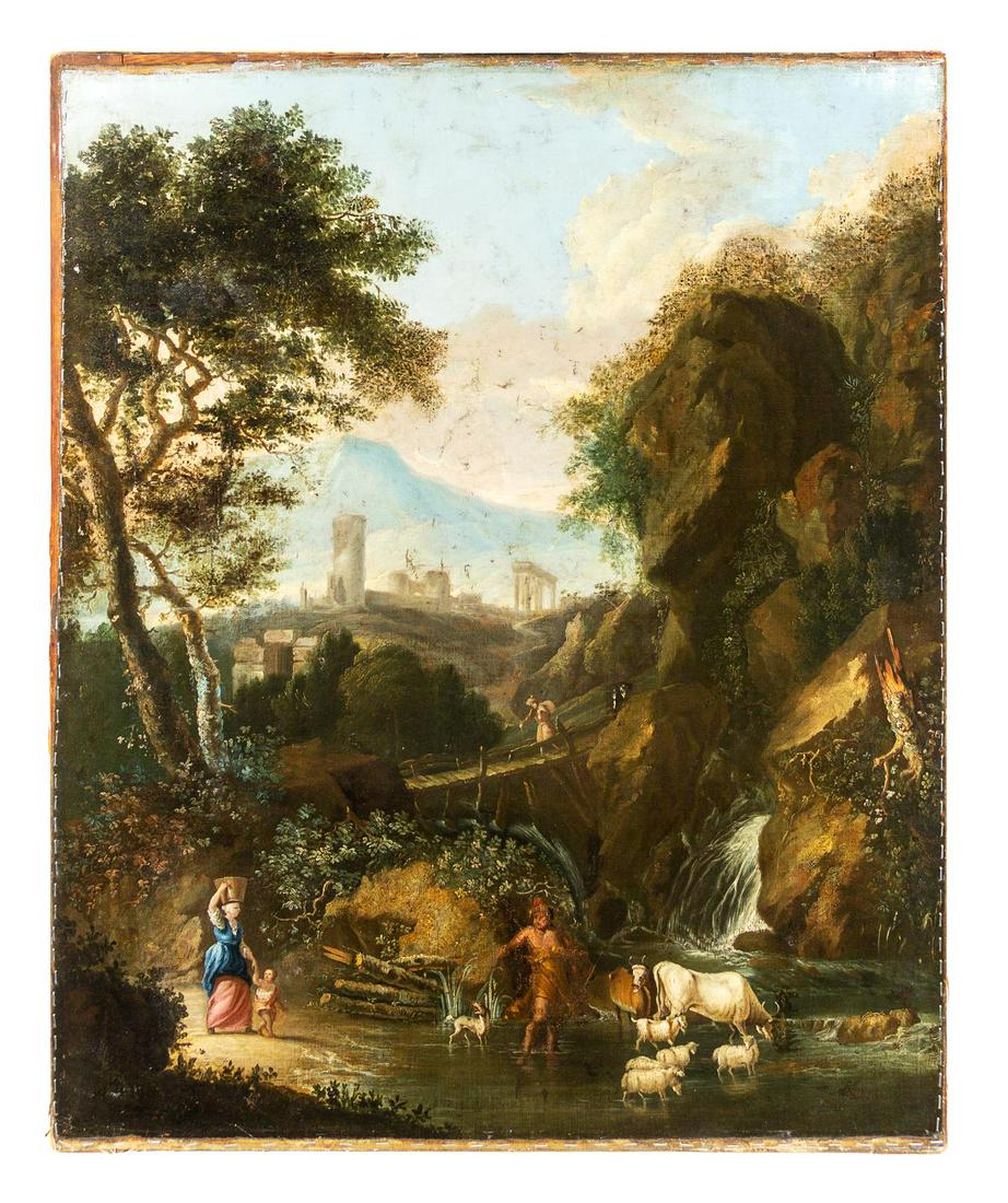 Continental School (19th Century) Landscape with Ruins: Continental School (19th Century) Landscape with Ruins and Figures oil on canvas 44 3/4 x 36 1/2 inches.