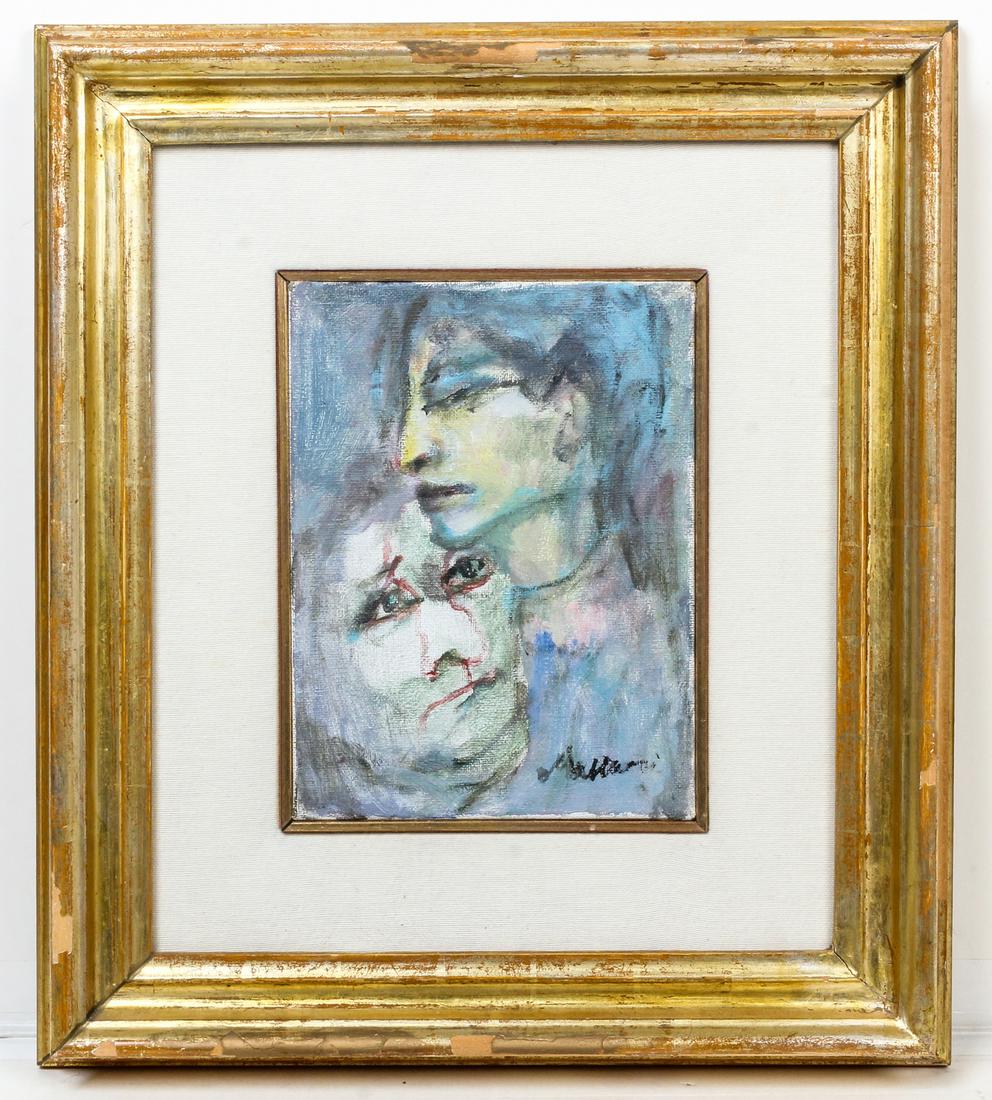 Mino Maccari (Italian, 1898-1989) Two Heads: Mino Maccari (Italian, 1898-1989) Two Heads oil on canvas signed illegibly (lower right) 9 1/2 x 7 inches.