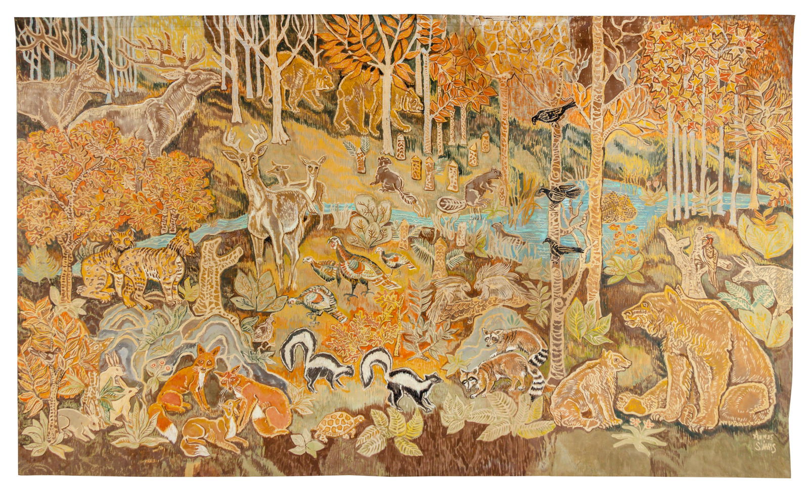 Agnes Sims (American, 1910 - 1990) Garden of Animal: Agnes Sims (American, 1910 - 1990) Garden of Animal Eden (a pair of works) oil on textile each signed Agnes Sims (lower right) 99 x 159 inches.