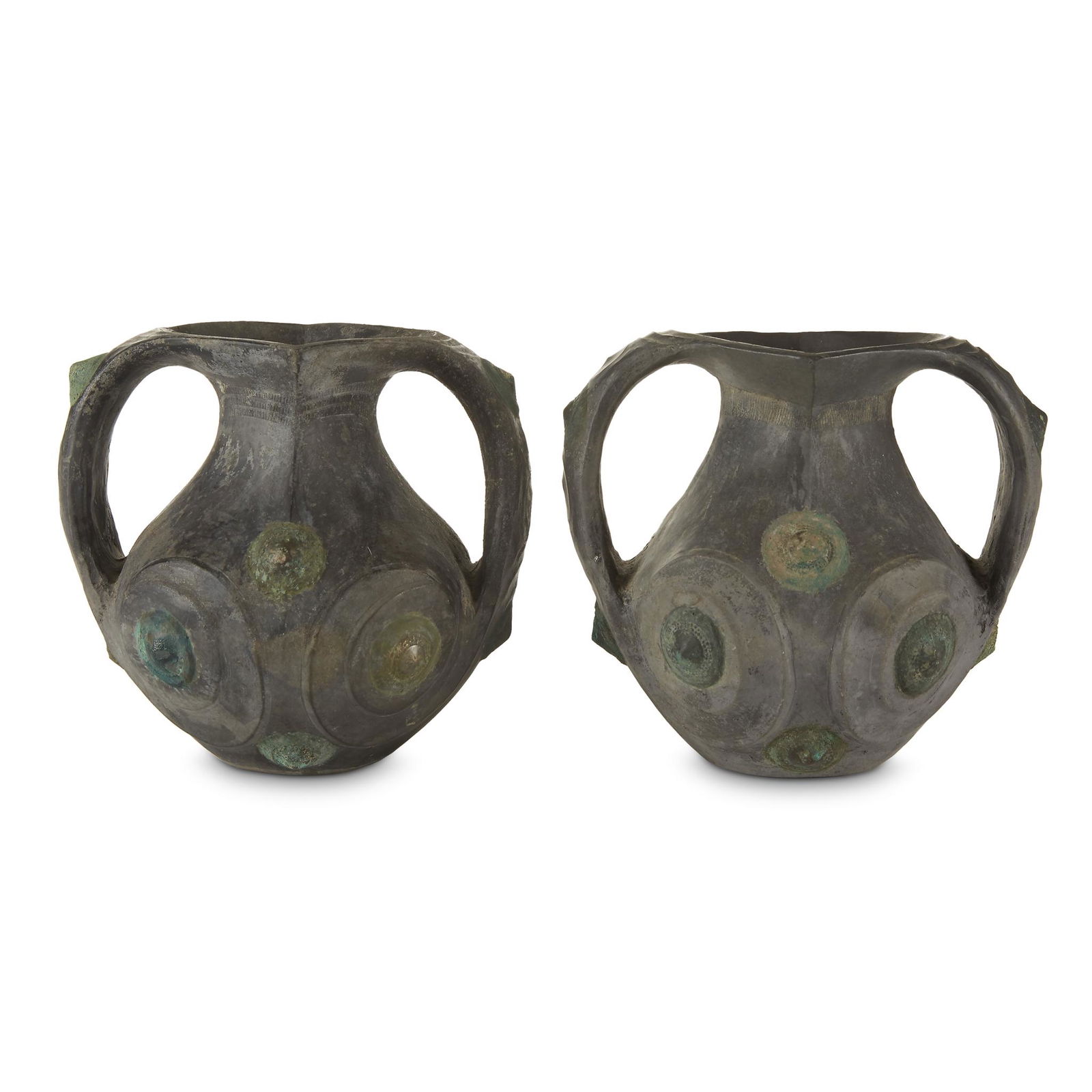 A pair of Chinese grey pottery amphora with copper (1 of 4)