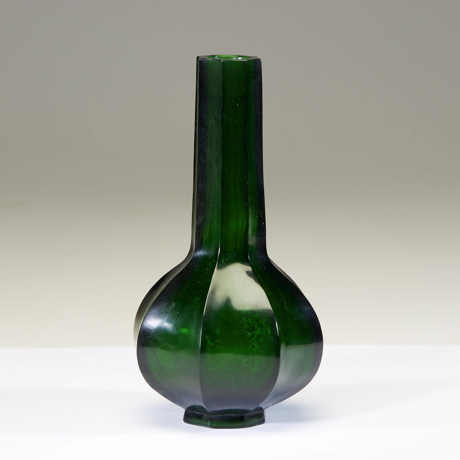 A Chinese octagonal emerald green glass vase, (1 of 2)