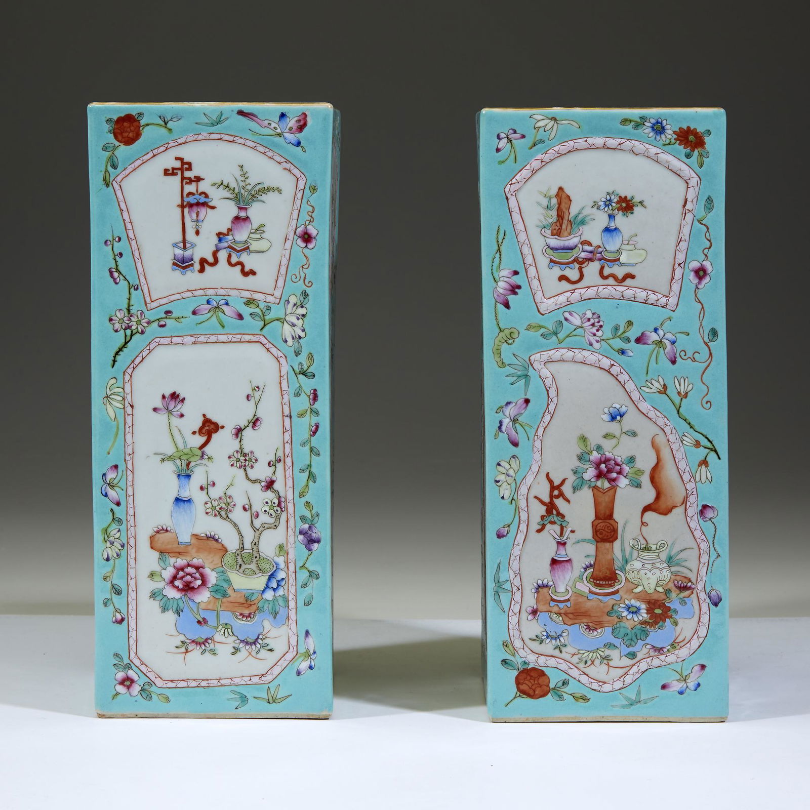A pair of Chinese turquoise-ground square vases, late (1 of 1)