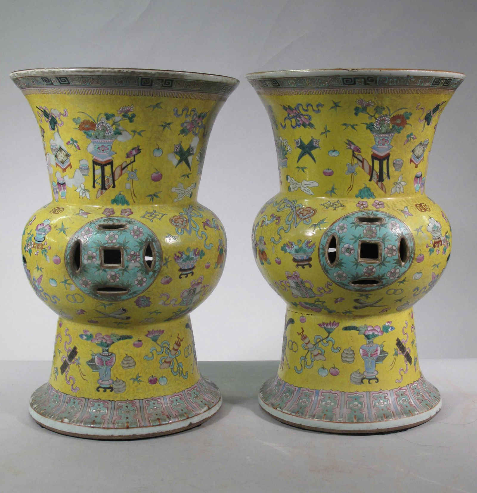 A pair of Chinese gu-form enameled garden stools, late (1 of 1)