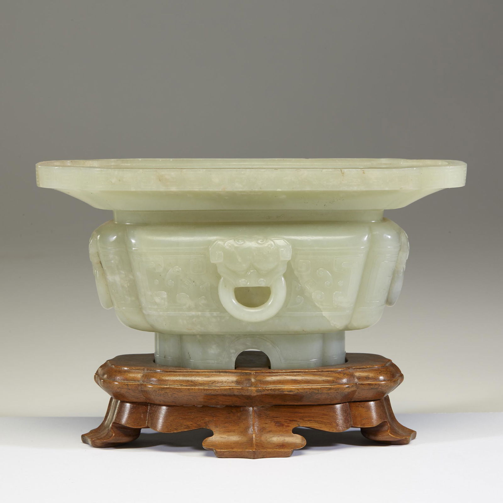A Chinese celadon jade jardinere, Qing dynasty, 19th (1 of 3)