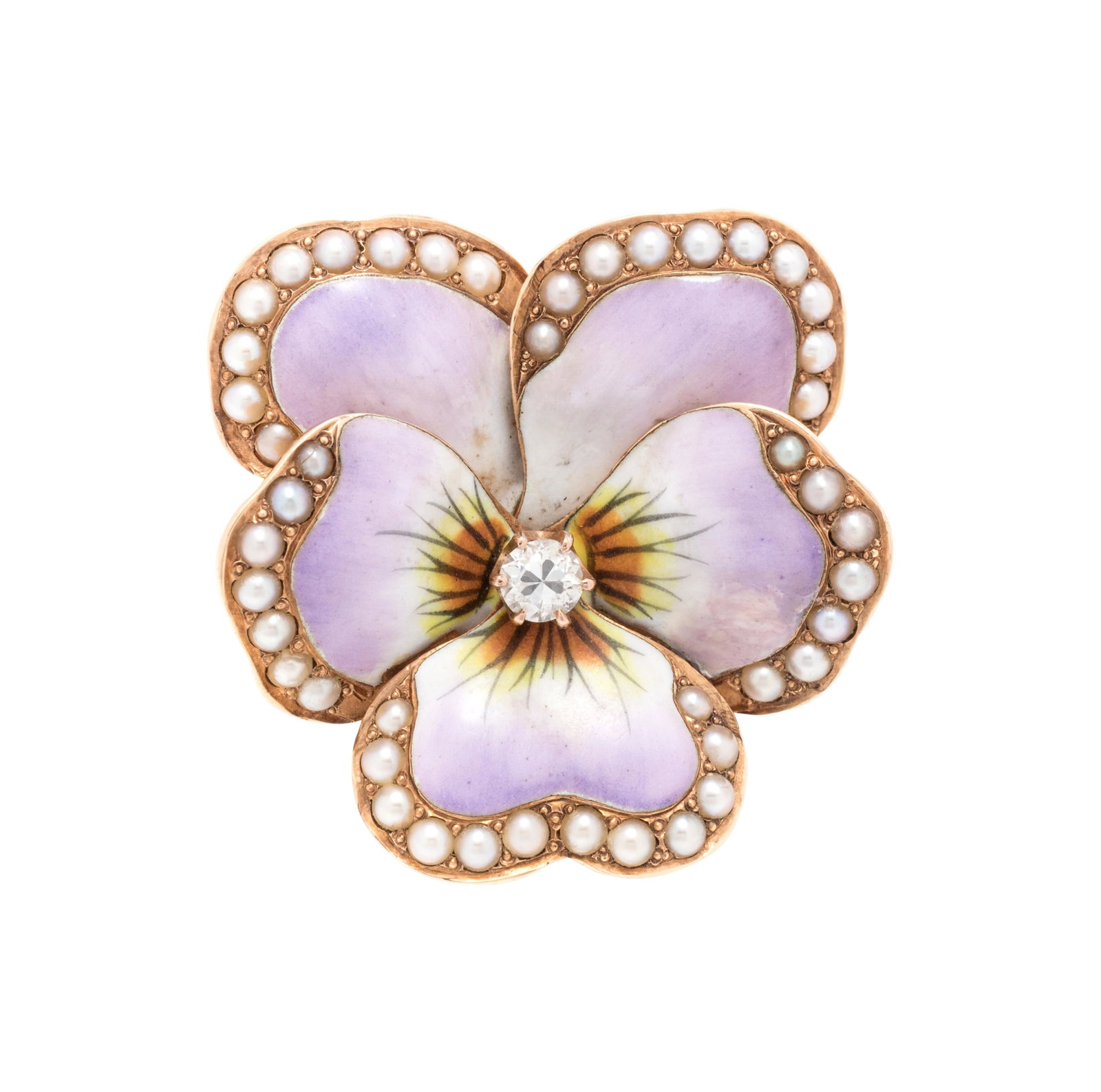 DIAMOND, SEED PEARL AND POLYCHROME ENAMEL PANSY: DIAMOND, SEED PEARL AND POLYCHROME ENAMEL PANSY PENDANT/BROOCH Containing one old European cut diamond weighing approximately 0.12 carat and numerous seed pearls, with painted purple, white, black, or