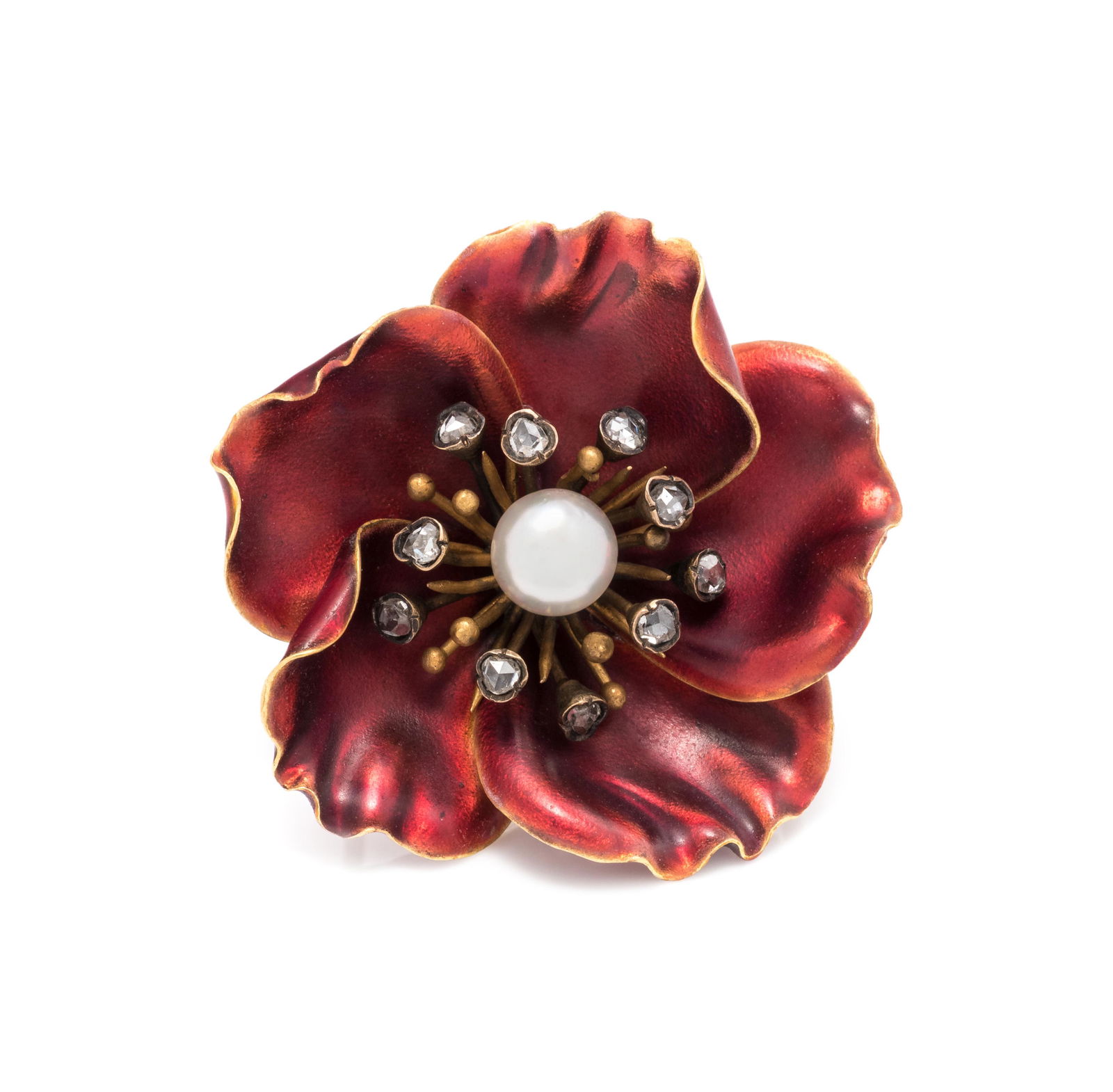 FRENCH, ANTIQUE, PEARL, DIAMOND AND ENAMEL FLOWER: FRENCH, ANTIQUE, PEARL, DIAMOND AND ENAMEL FLOWER BROOCH Containing one pearl (origin not tested) measuring approximately 5.30 mm in diameter and 10 rose cut diamonds, with translucent red enamel peta