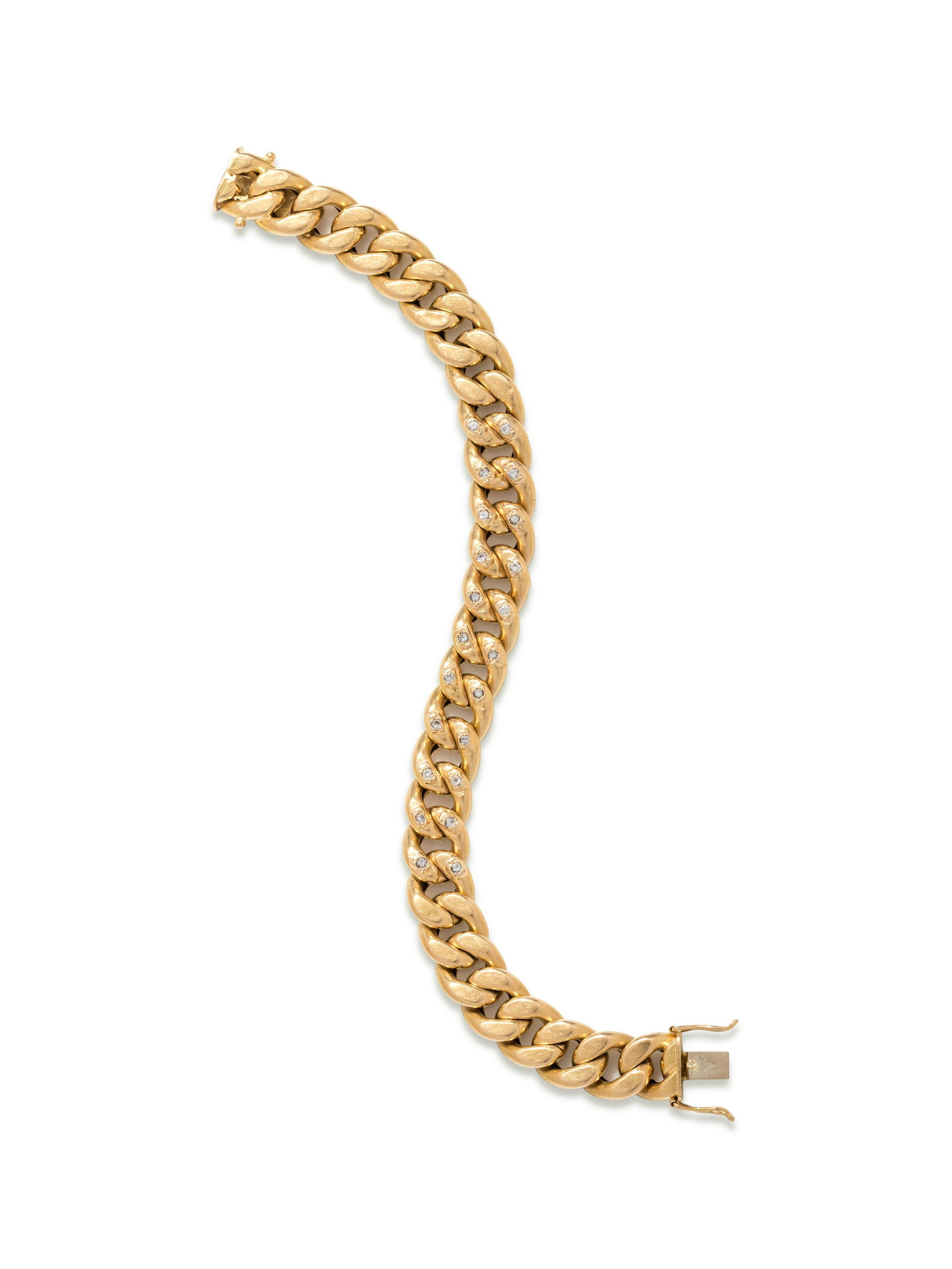 YELLOW GOLD AND DIAMOND BRACELET: YELLOW GOLD AND DIAMOND BRACELET Consisting of a curb link chain bracelet containing 22 round brilliant cut diamonds weighing approximately 0.30 carat total. Stamp: 750. 21.50 dwt.