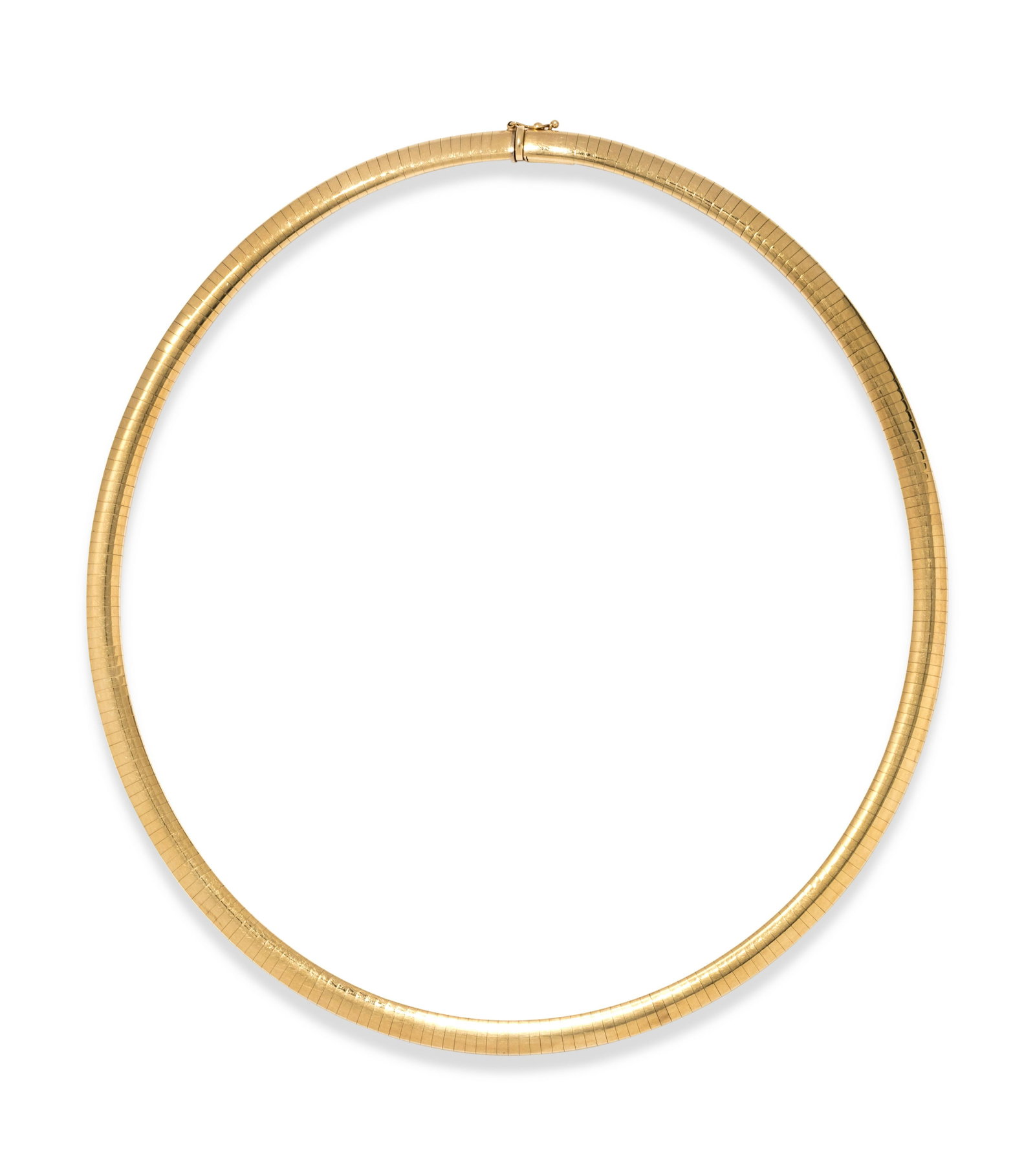 YELLOW GOLD NECKLACE: YELLOW GOLD NECKLACE Consisting of an omega chain measuring approximately 6.00 mm wide. Stamp: 14Kt ITALY (Italian hallmark) DF. 28.35 dwt.