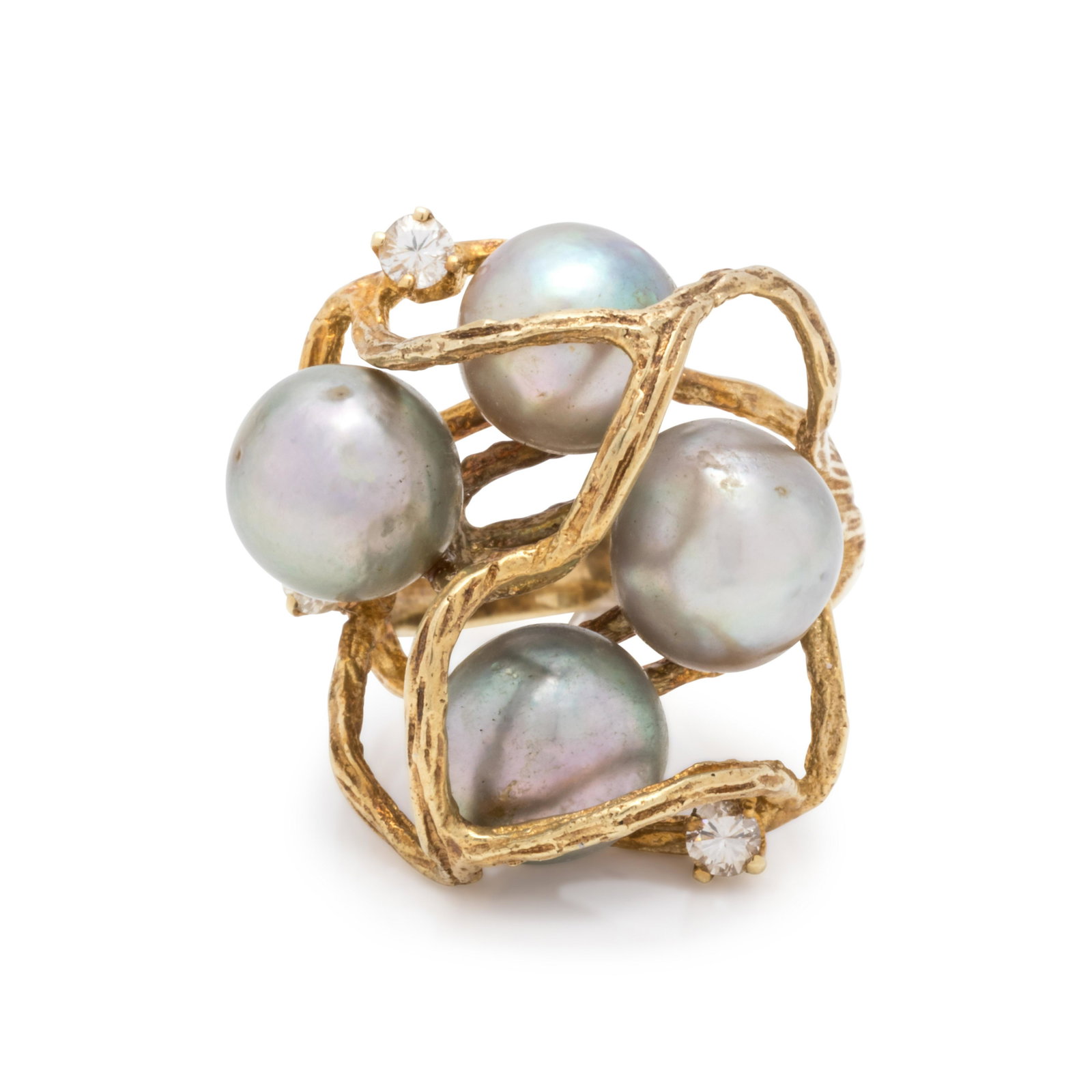 BRUTALIST, CULTURED PEARL AND DIAMOND RING: BRUTALIST, CULTURED PEARL AND DIAMOND RING Containing four out of round Tahitian pearls measuring approximately 8.60-8.80 mm in diameter and three round brilliant cut diamonds weighing approximately 0