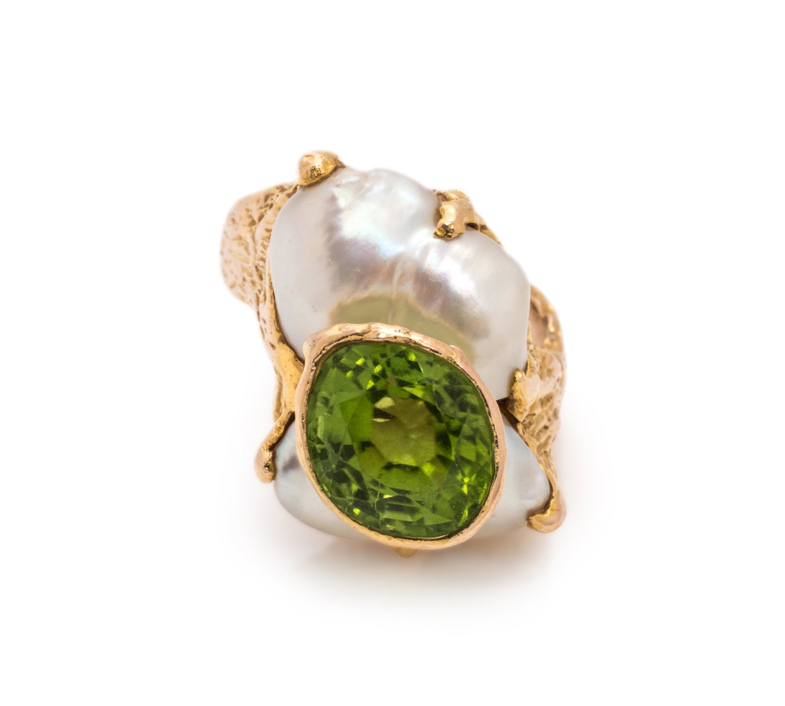 PERIDOT AND CULTURED PEARL RING: PERIDOT AND CULTURED PEARL RING Containing one oval mixed cut peridot measuring approximately 11.50 x 10.00 mm and two Baroque pearls measuring approximately 15.00 x 9.00-10.00 mm, the back of the rin