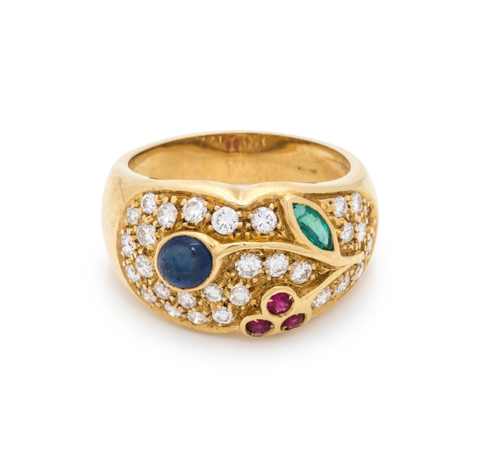 MULTIGEM AND DIAMOND RING: MULTIGEM AND DIAMOND RING Containing one oval cabochon cut sapphire, one marquise shape emerald, three round mixed cut rubies and 30 round brilliant cut diamonds weighing approximately 0.60 carat tota