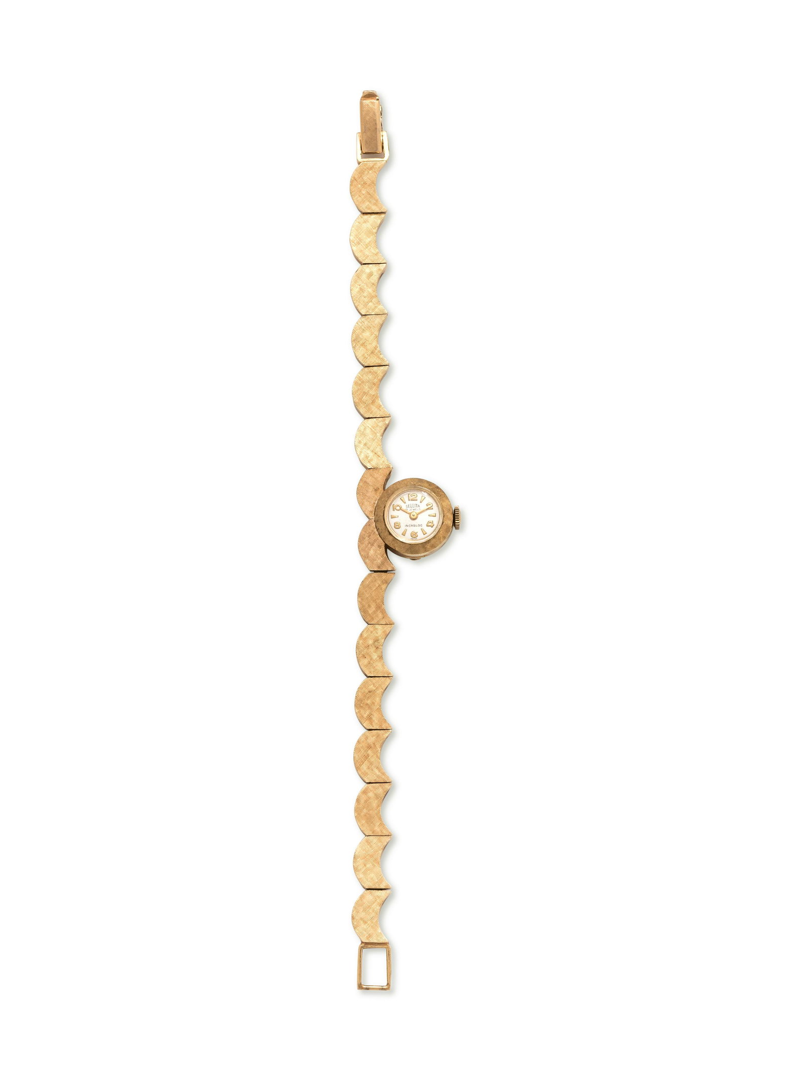 SELLITA, 14K YELLOW GOLD WRISTWATCH: SELLITA, 14K YELLOW GOLD WRISTWATCH 15.00 mm case diameter, white dial signed SELLITA, applied Arabic and triangular numerals, gold pencil hands, snap on case back, 17 jewel manual wind movement signe