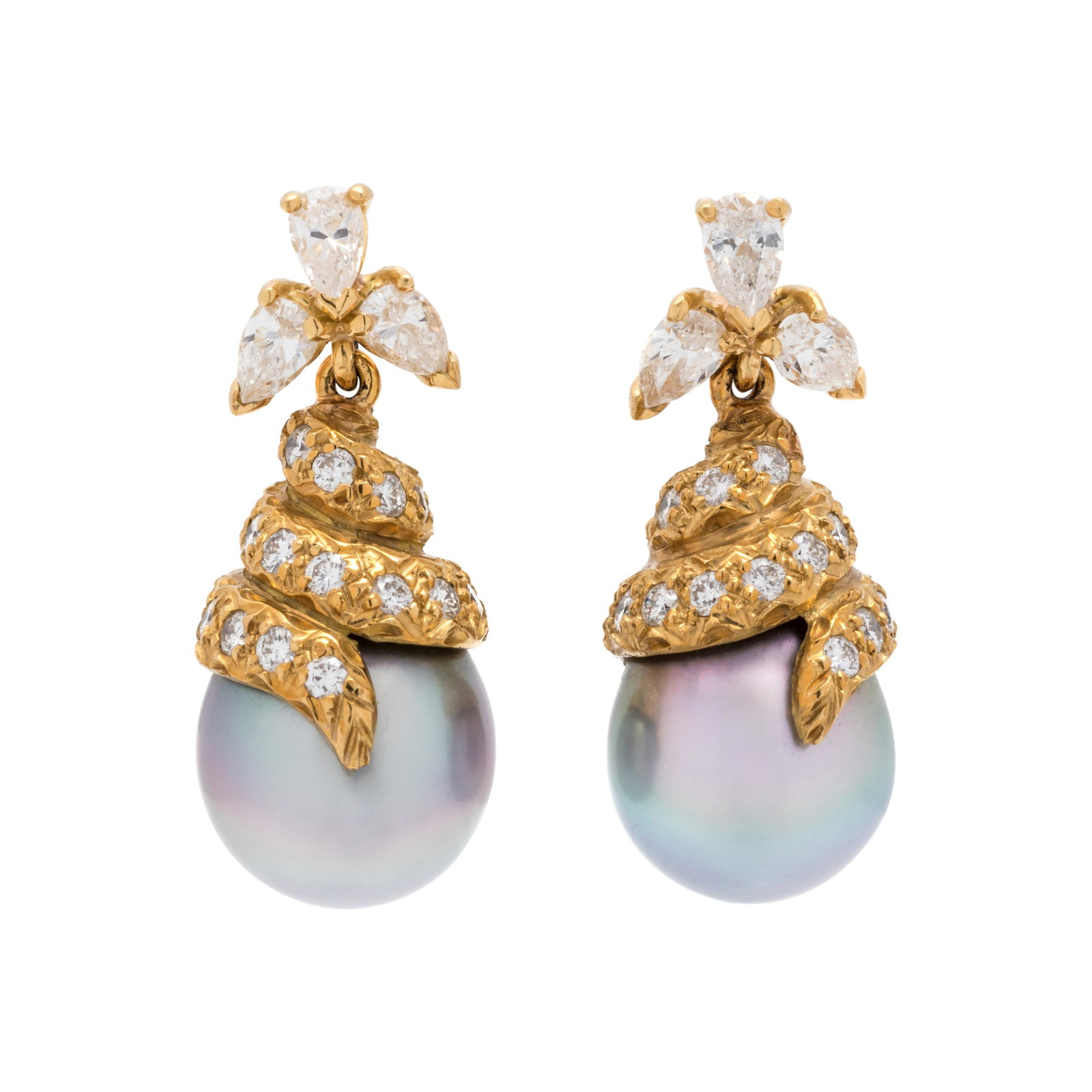 CULTURED TAHITIAN PEARL AND DIAMOND EARRINGS: CULTURED TAHITIAN PEARL AND DIAMOND EARRINGS Containing two Tahitian pearl drops measuring approximately 10.80-11.25 mm in diameter, six pear shape diamonds weighing approximately 0.90 carat total and