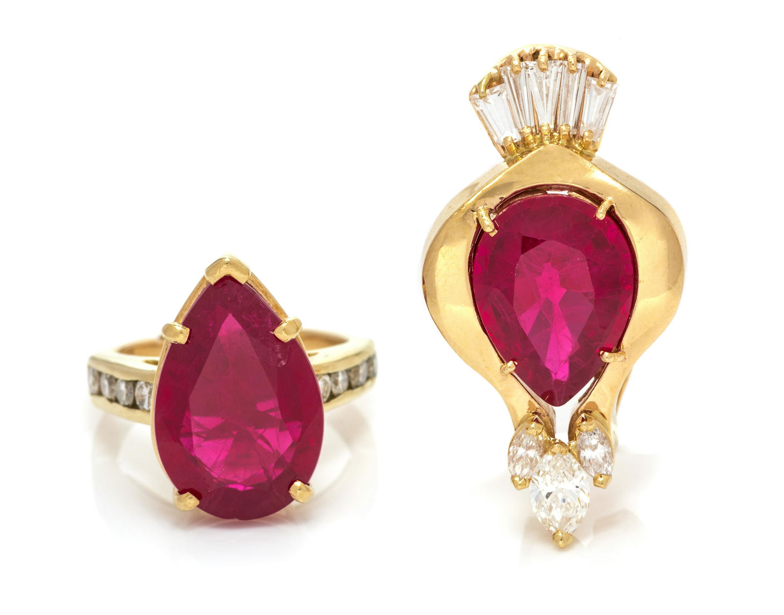 COLLECTION OF SYNTHETIC RUBY AND DIAMOND JEWELRY: COLLECTION OF SYNTHETIC RUBY AND DIAMOND JEWELRY Consisting of a ring containing one pear shape synthetic ruby measuring approximately 16.60 x 11.48 x 5.80 mm and eight round brilliant cut diamonds we