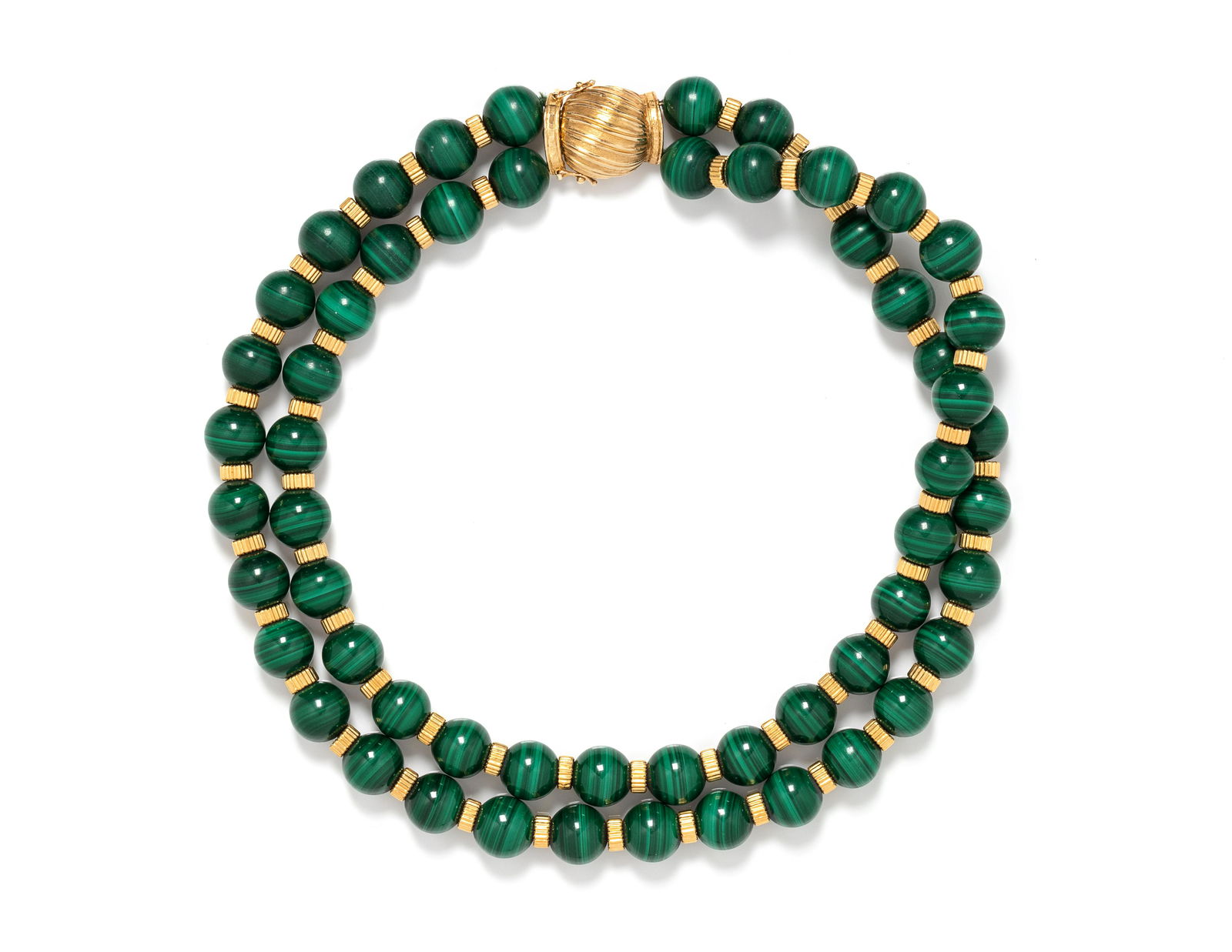 MALACHITE AND YELLOW GOLD BEAD NECKLACE: MALACHITE AND YELLOW GOLD BEAD NECKLACE Consisting of two strands containing 57 round malachite beads measuring approximately 12.00 mm in diameter, with yellow gold rondelle spacer beads and yellow go