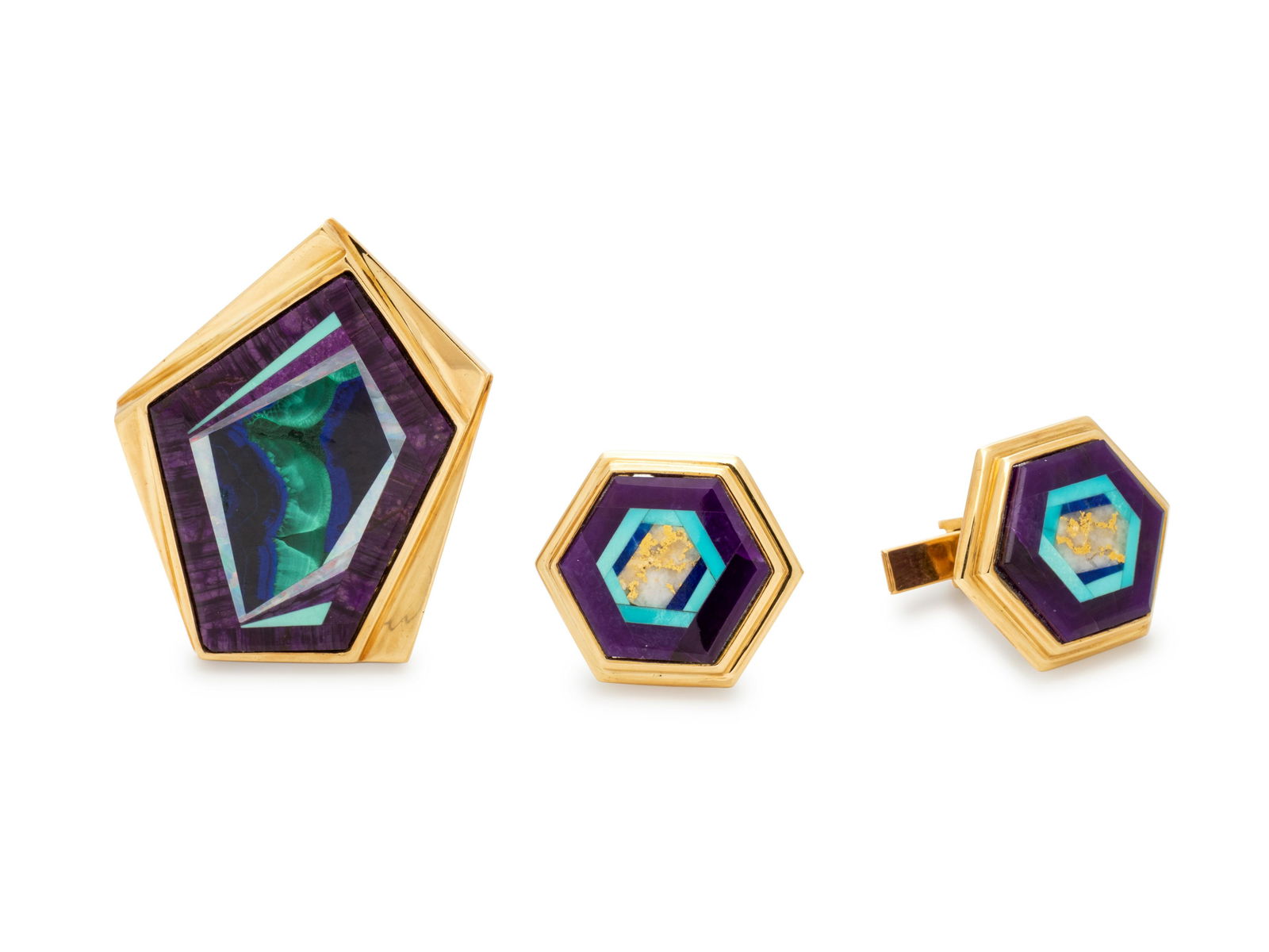 INLAID HARDSTONE SET: INLAID HARDSTONE SET Consisting of a brooch containing a geometric plaque of inlaid gemstones, including malachite, opal and sugilite by Nicolai Medvedev, together with a pair of cufflinks containing