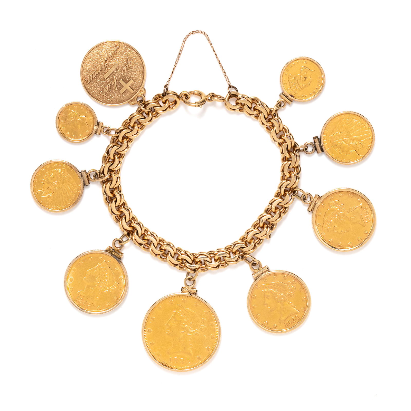 YELLOW GOLD COIN BRACELET: YELLOW GOLD COIN BRACELET Consisting of a fancy link bracelet containing a'+qu'hier -que demain' charm, a $1 Liberty head coin dated 1851, a $2 1/2 dollar Indian head coin dated 1912, a $5 Liberty hea