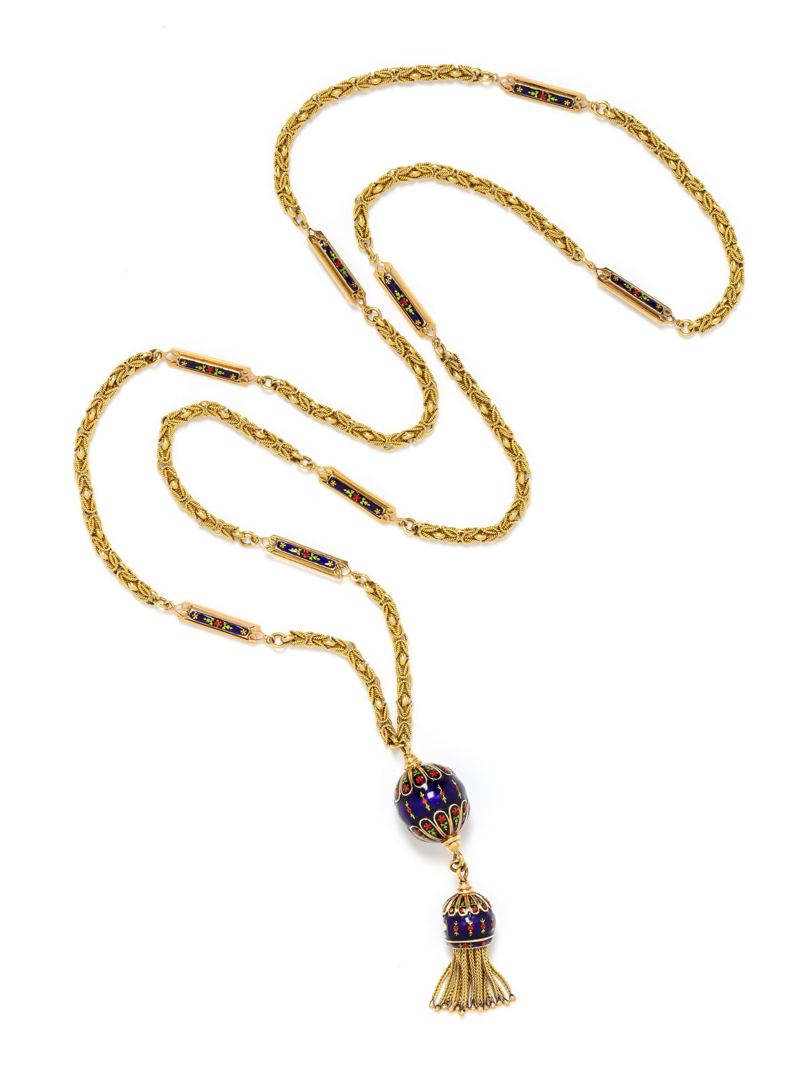 YELLOW GOLD AND ENAMEL TASSEL NECKLACE: YELLOW GOLD AND ENAMEL TASSEL NECKLACE Consisting of fancy link chain, eight floral motif enameled spacers and a drop tassel pendant. 54.05 dwt.