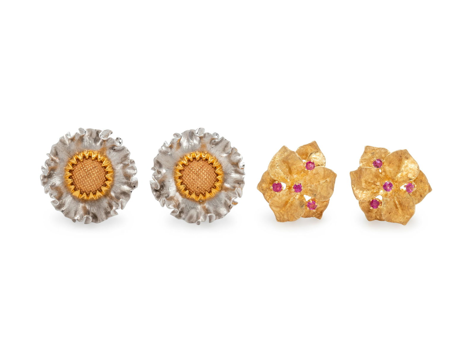 COLLECTION OF GOLD FLOWER MOTIF EARCLIPS: COLLECTION OF GOLD FLOWER MOTIF EARCLIPS Consisting of a pair of textured yellow gold earclips containing eight round mixed cut rubies measuring approximately 2.70 mm in diameter, together with a pair