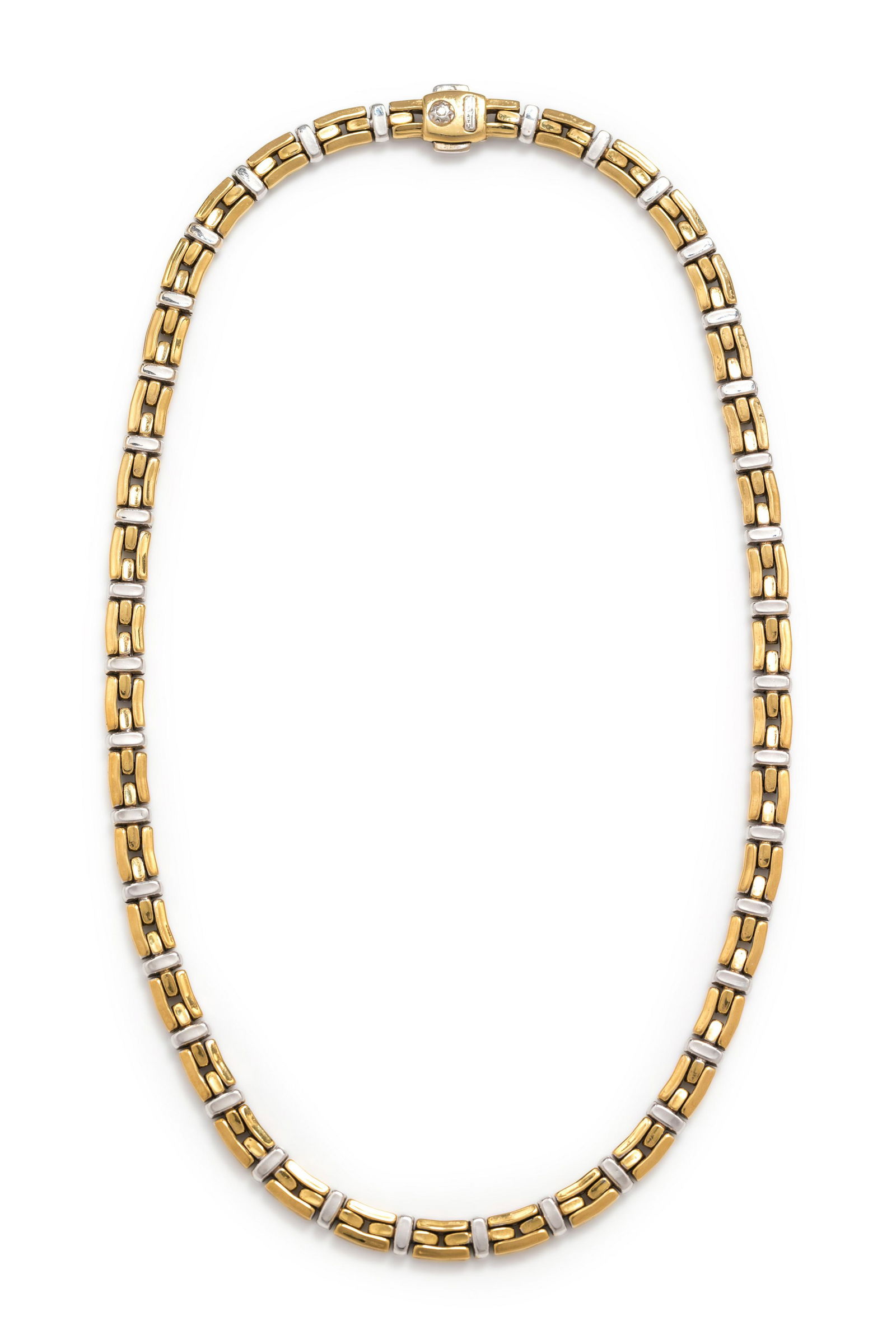 CHIMENTO, BICOLOR GOLD NECKLACE: CHIMENTO, BICOLOR GOLD NECKLACE In a fancy link design measuring approximately 6.00 mm wide. Stamp: CHIMENTO (Italian hallmark) 750. 19.20 dwt.