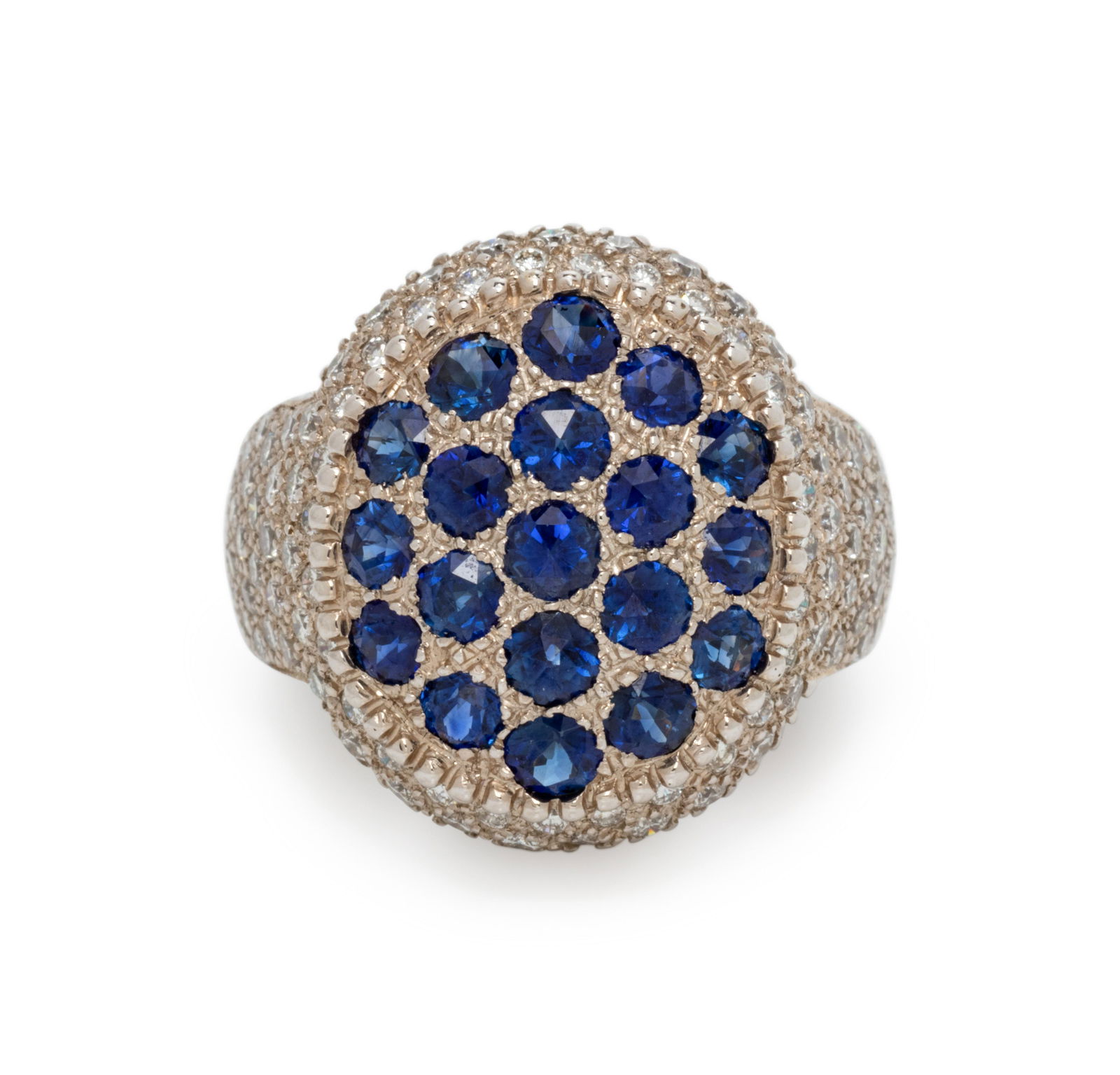 MOUAWAD, DIAMOND AND SAPPHIRE RING: MOUAWAD, DIAMOND AND SAPPHIRE RING Containing 19 rose cut sapphires measuring approximately 2.50-3.00 mm and numerous round brilliant cut diamonds weighing approximately 1.00 carat total. Mounted in w