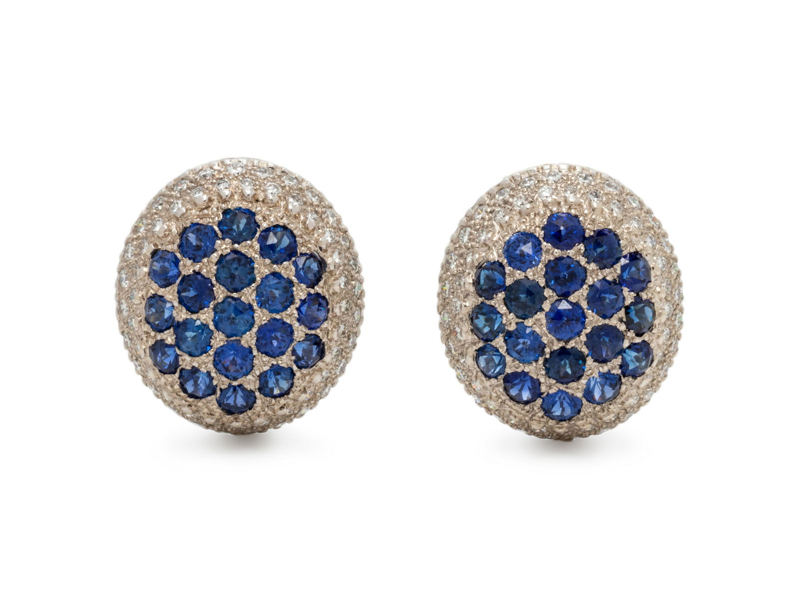 MOUAWAD, DIAMOND AND SAPPHIRE EARCLIPS: MOUAWAD, DIAMOND AND SAPPHIRE EARCLIPS Containing 38 rose cut sapphires measuring approximately 2.50-3.00 mm and numerous round brilliant cut diamonds weighing approximately 0.90 carat total, folding