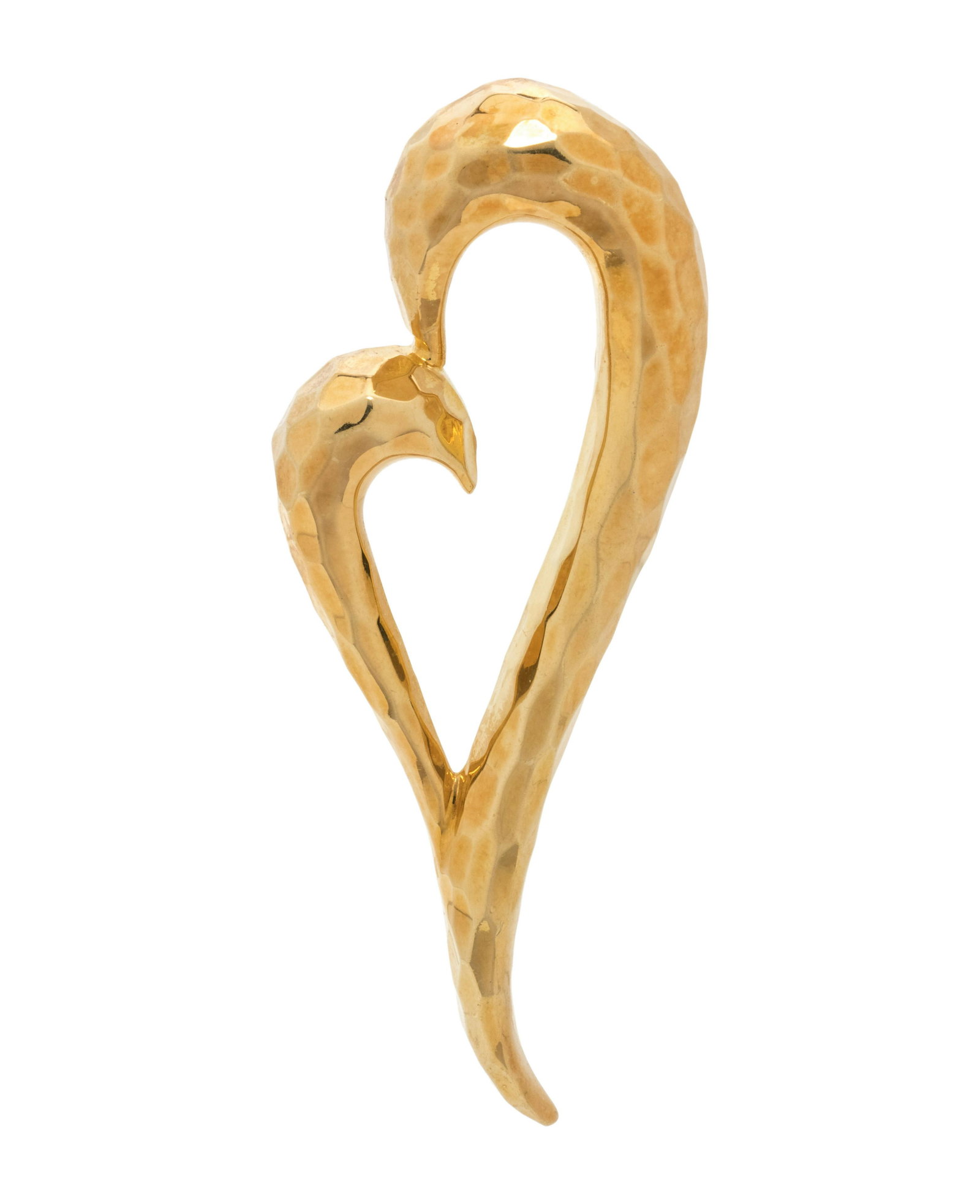 HENRY DUNAY, YELLOW GOLD BROOCH: HENRY DUNAY, YELLOW GOLD BROOCH Consisting of a stylized heart design, with hammered finish. Stamp: DUNAY 18K 750 (maker's mark). 6.20 dwt.