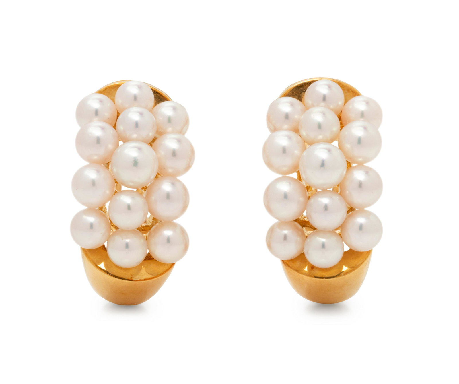 MIKIMOTO, CULTURED PEARL EARCLIPS: MIKIMOTO, CULTURED PEARL EARCLIPS Containing 26 pearls measuring approximately 4.00-5.00 mm in diameter. Mounted in yellow gold. Stamp: (Mikimoto maker's mark) 750. 12.60 dwt. Property from an Importa
