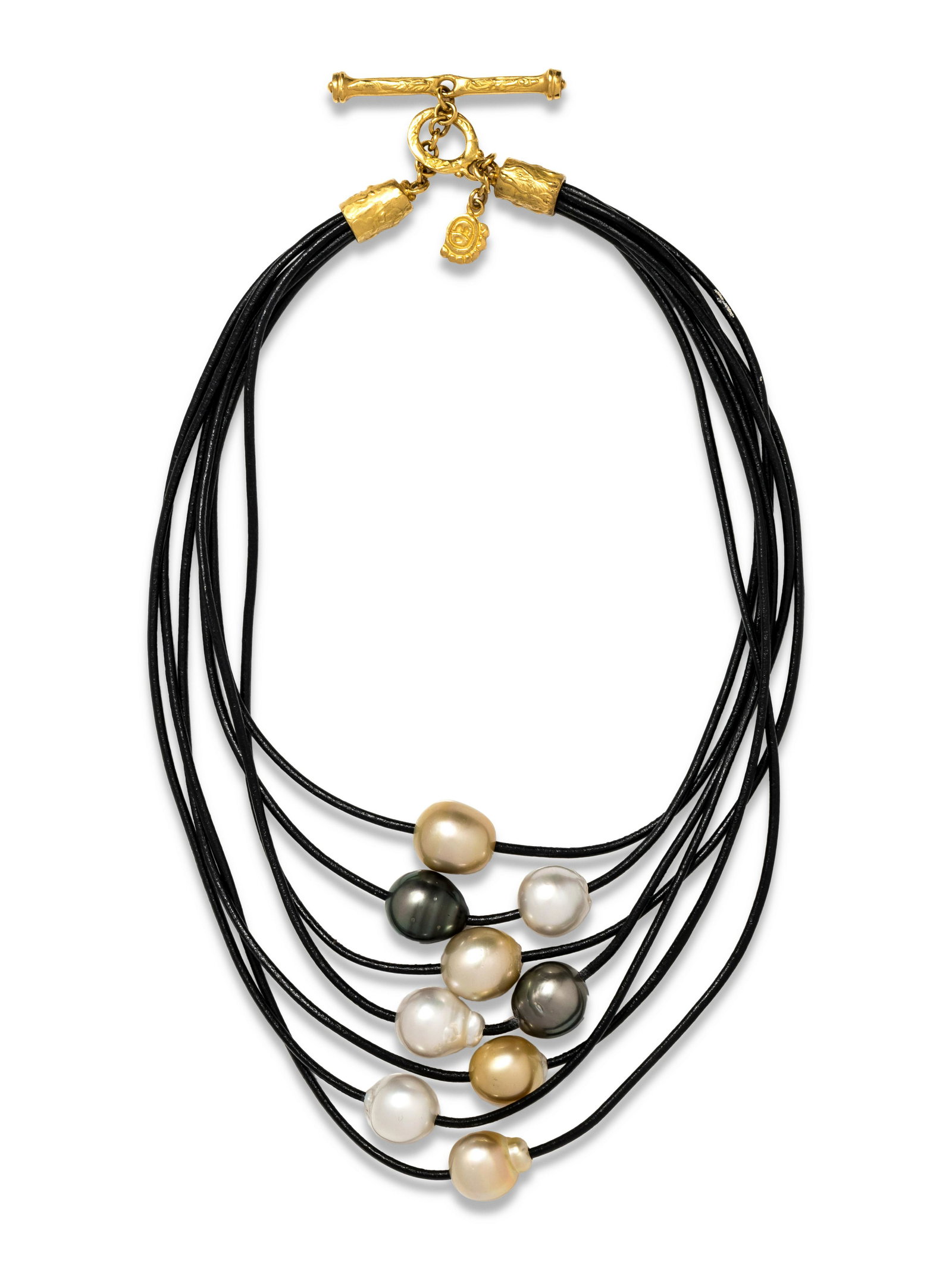 DENISE ROBERGE, LEATHER, CULTURED PEARL AND HIGH KARAT: DENISE ROBERGE, LEATHER, CULTURED PEARL AND HIGH KARAT GOLD NECKLACE Consisting of nine leather cords suspending nine Baroque pearl beads of various color, with high karat gold endcaps and toggle clas