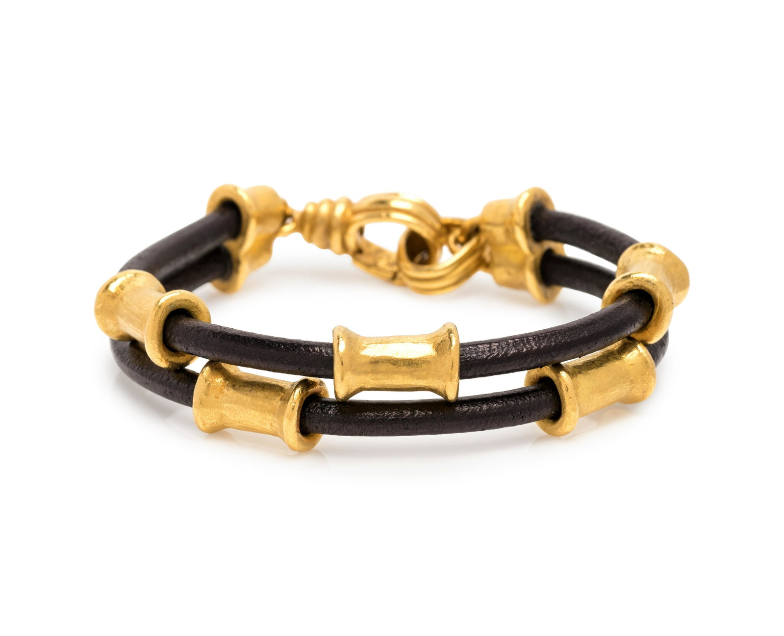 DENISE ROBERGE, LEATHER AND HIGH KARAT GOLD BRACELET: DENISE ROBERGE, LEATHER AND HIGH KARAT GOLD BRACELET Consisting of two leather cords strung with five cylindrical high karat beads, endcaps and lobster clasp. Stamp: 22K (maker's mark). 36.45 dwt.