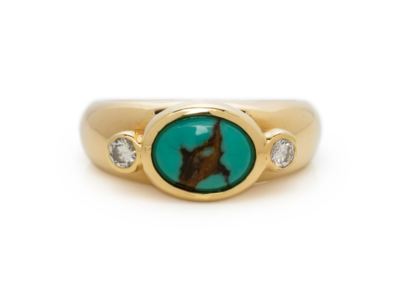 MARLENE STOWE, TURQUOISE AND DIAMOND RING: MARLENE STOWE, TURQUOISE AND DIAMOND RING Containing one oval shape cabochon cut turquoise measuring approximately 8.40 x 6.05 x 2.45 mm and two round brilliant cut diamonds weighing approximately 0.1