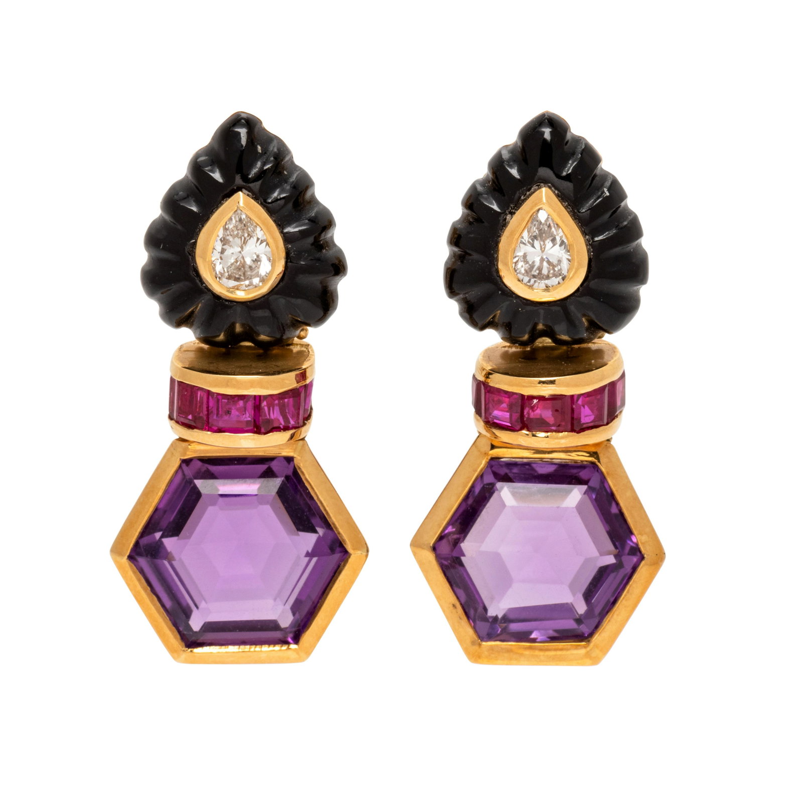 ONYX, DIAMOND, AMETHYST AND RUBY EARCLIPS: ONYX, DIAMOND, AMETHYST AND RUBY EARCLIPS Containing two carved onyx plaques containing two pear shape diamonds weighing approximately 0.45 carat total, two hexagon shape amethyst and 10 square step c