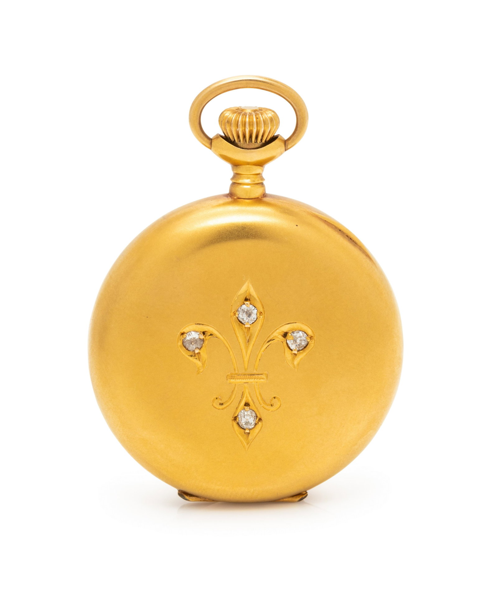 WALTHAM, 14K YELLOW GOLD AND DIAMOND HUNTER CASE POCKET: WALTHAM, 14K YELLOW GOLD AND DIAMOND HUNTER CASE POCKET WATCH 32.00 mm case diameter, white dial signed WALTHAM, black Roman numerals, Louis XV Roskoff hands, subdial for seconds at 6 o'clock, stem wo