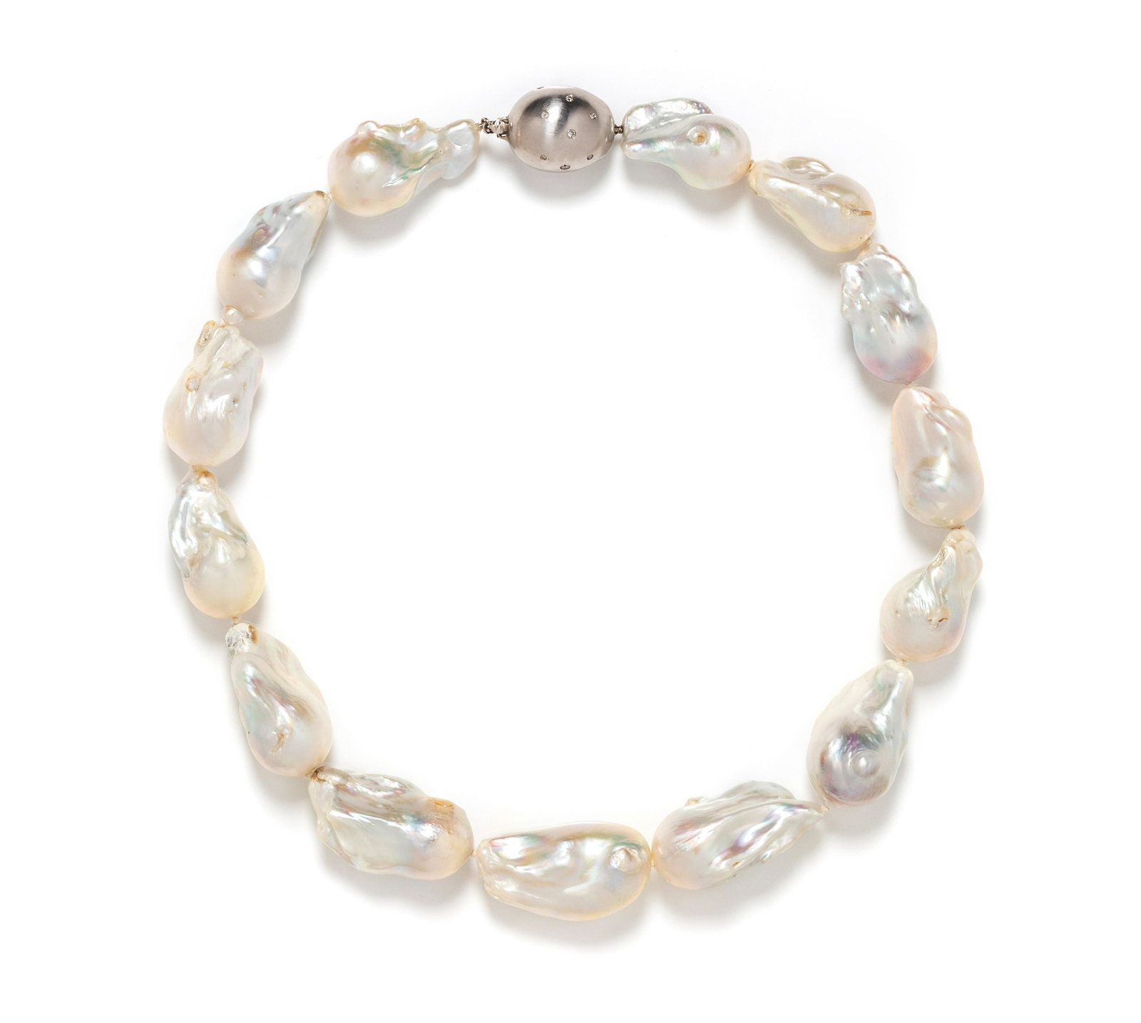 CULTURED BAROQUE PEARL AND DIAMOND NECKLACE: CULTURED BAROQUE PEARL AND DIAMOND NECKLACE Containing 14 Baroque pearls measuring approximately 25.00 x 17.00-35.00 x 20.00 mm, strung knotted with a white gold clasp containing 17 round brilliant cu