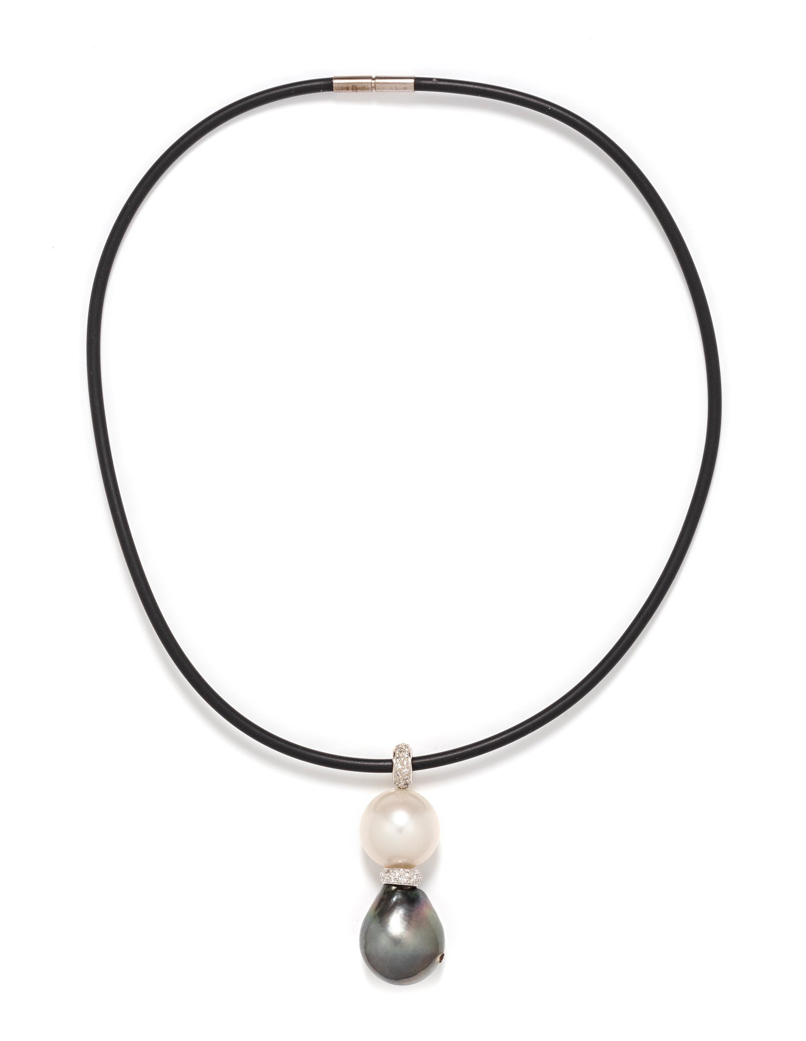 CULTURED SOUTH SEA AND TAHITIAN PEARL AND DIAMOND: CULTURED SOUTH SEA AND TAHITIAN PEARL AND DIAMOND PENDANT/NECKLACE Consisting of a white gold pendant containing one South Sea pearl measuring approximately 16.50 x 14.00 mm, one Tahitian pearl measur