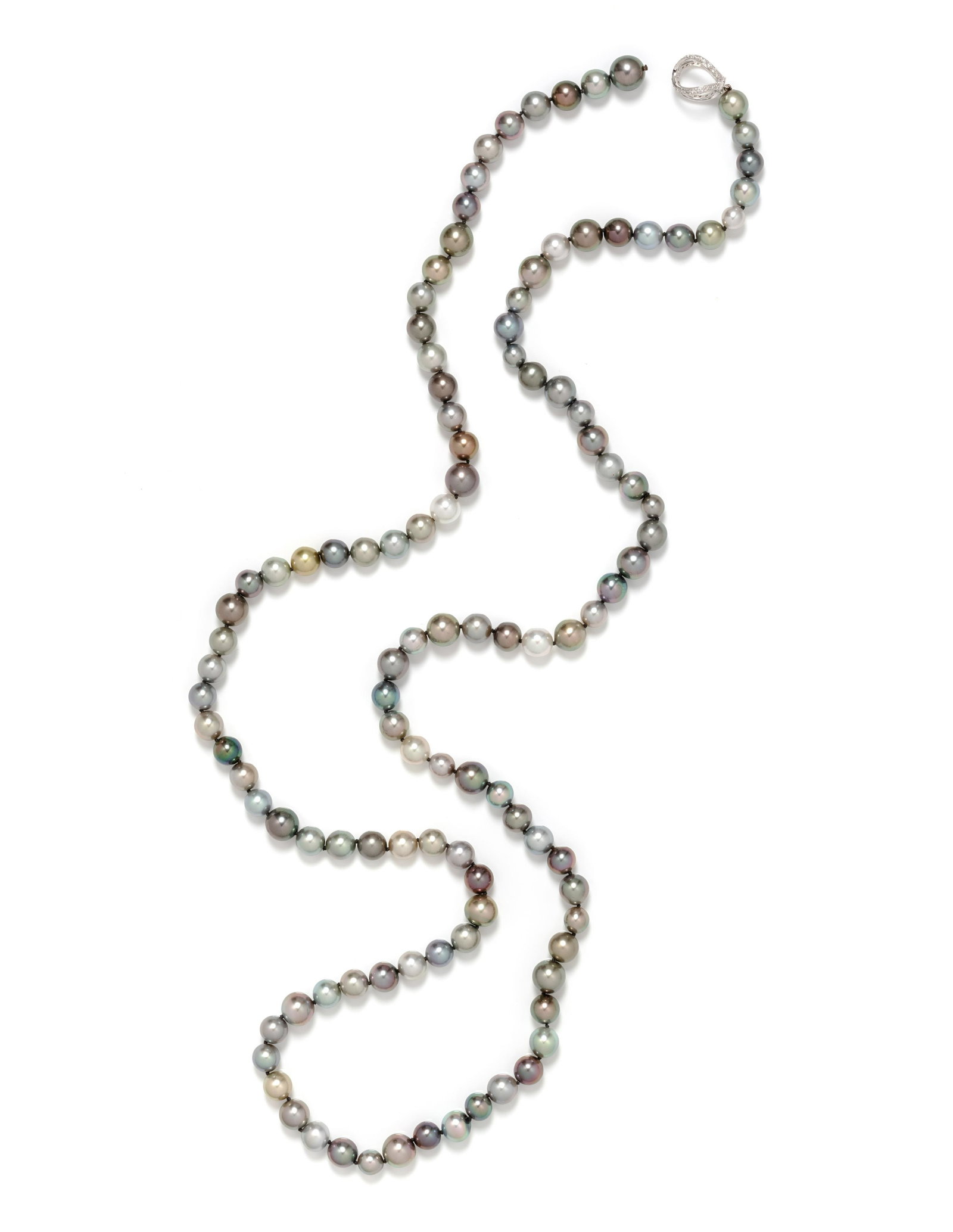 CULTURED TAHITIAN PEARL AND DIAMOND NECKLACE: CULTURED TAHITIAN PEARL AND DIAMOND NECKLACE Consisting of Tahitian pearls measuring approximately 6.90-9.85 mm in diameter, strung knotted in a lariat style, with a white gold clasp containing 42 rou