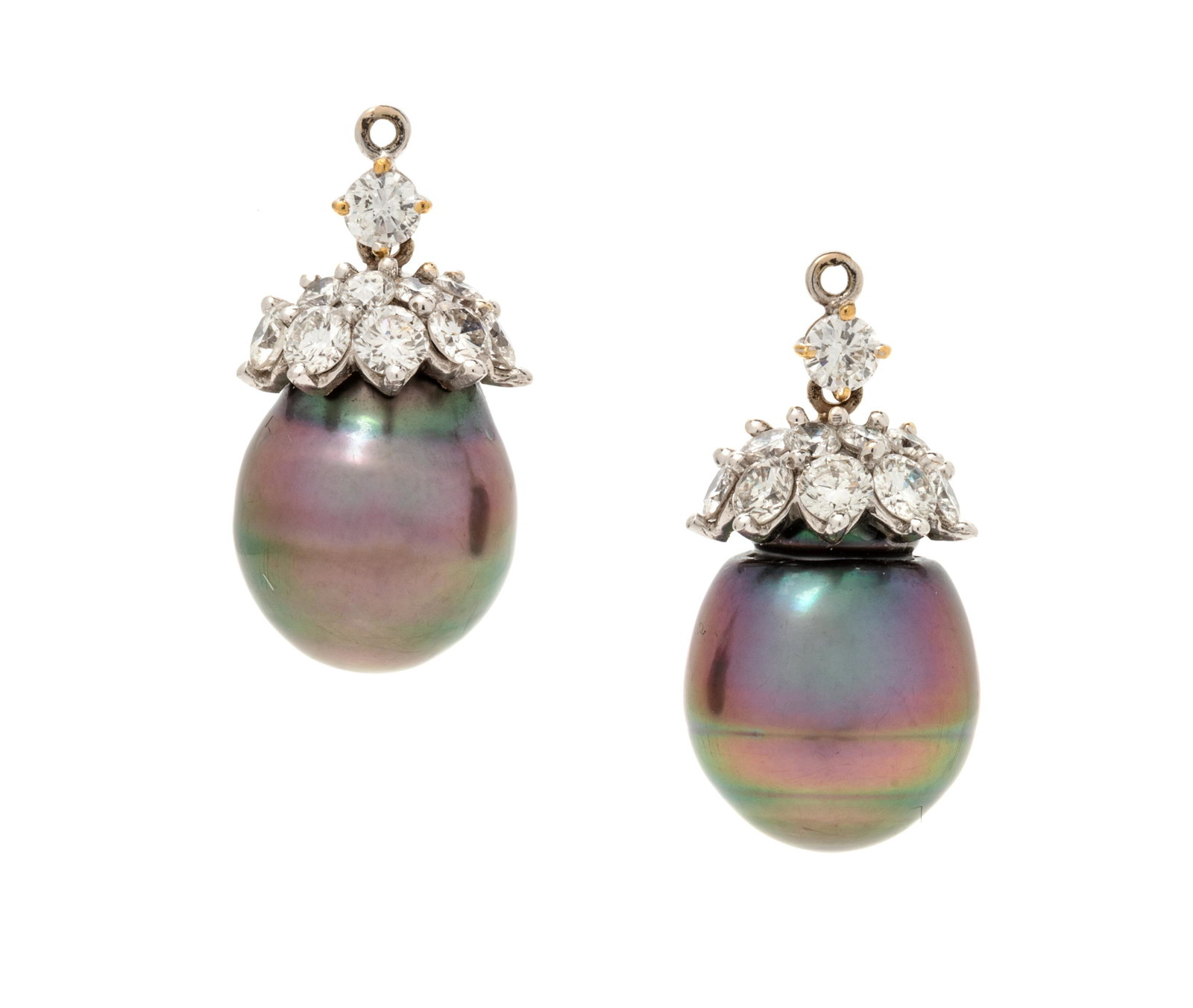 CULTURED TAHITIAN PEARL AND DIAMOND EARRING: CULTURED TAHITIAN PEARL AND DIAMOND EARRING ATTACHMENTS Containing two Tahitian pearl drops measuring approximately 12.50 mm in diameter and 20 round brilliant cut diamonds weighing approximately 0.