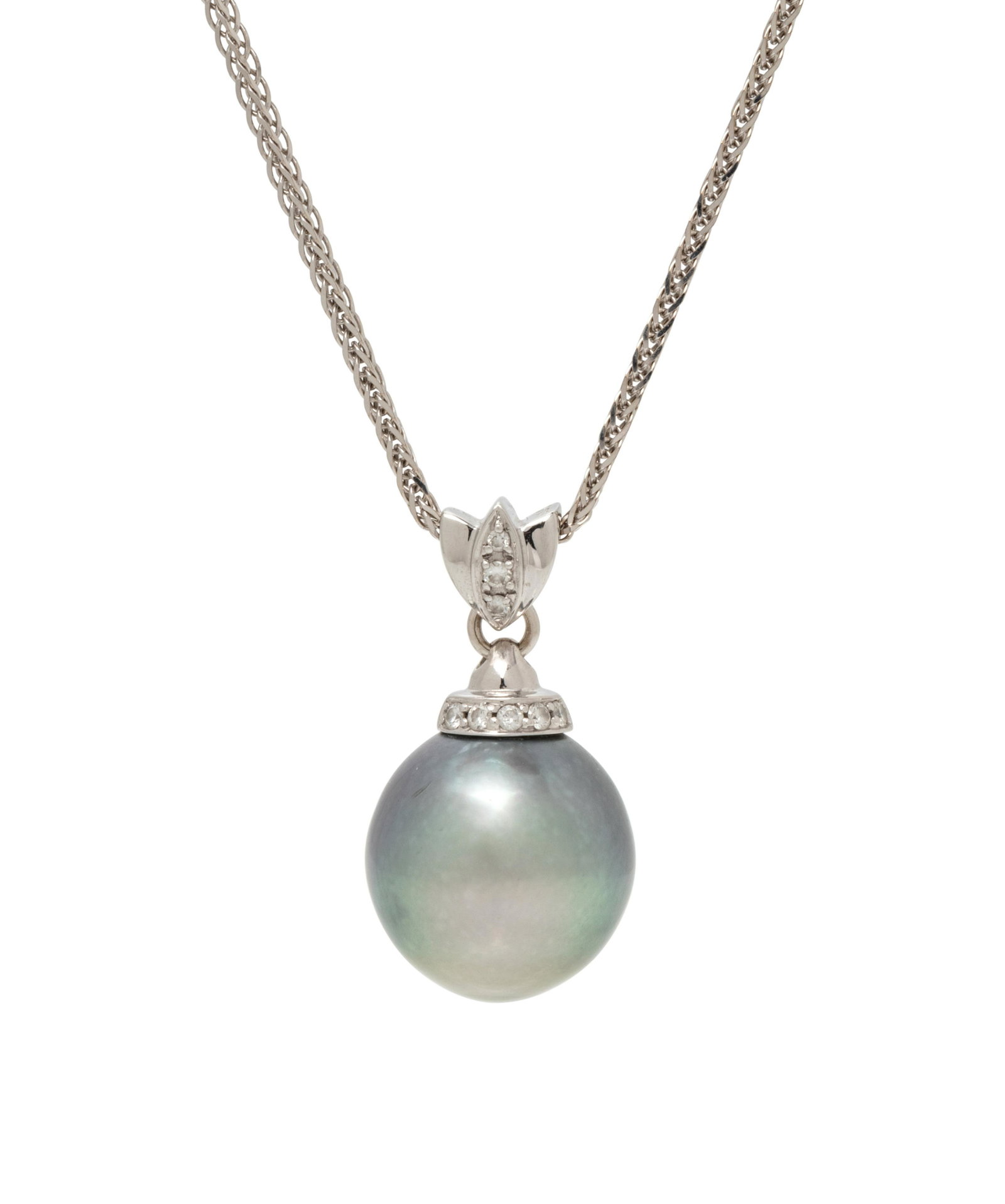 CULTURED TAHITIAN PEARL AND DIAMOND PENDANT/NECKLACE: CULTURED TAHITIAN PEARL AND DIAMOND PENDANT/NECKLACE Consisting of a pendant containing one Tahitian pearl measuring approximately 13.50 mm in diameter and eight round brilliant cut diamonds weighing 