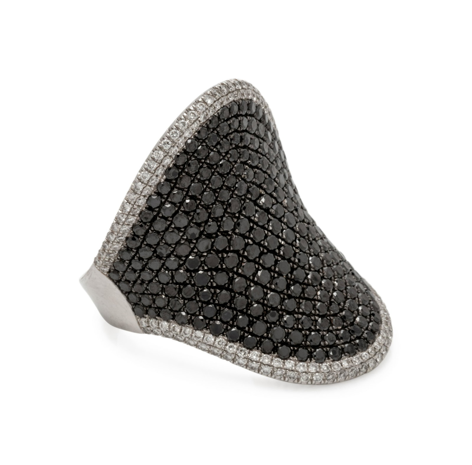 BLACK DIAMOND AND DIAMOND RING: BLACK DIAMOND AND DIAMOND RING Containing numerous round mixed cut black diamonds (origin of color not tested) measuring approximately 1.00 mm in diameter and 154 round brilliant cut diamonds weighing