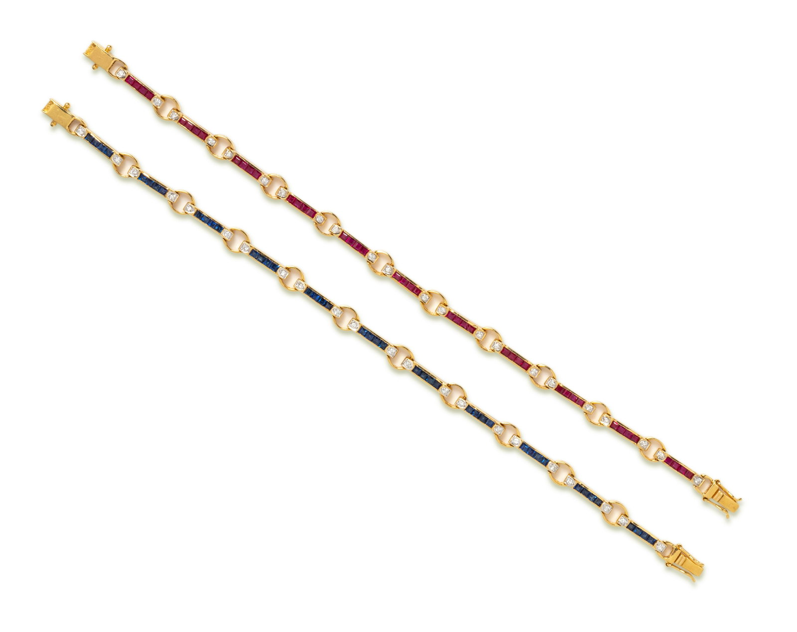 RUBY, SAPPHIRE AND DIAMOND BRACELETS: RUBY, SAPPHIRE AND DIAMOND BRACELETS Consisting of a bracelet containing 44 square step cut rubies measuring approximately 1.50 x 1.50 mm and 22 round brilliant cut diamonds weighing approximately 0.2