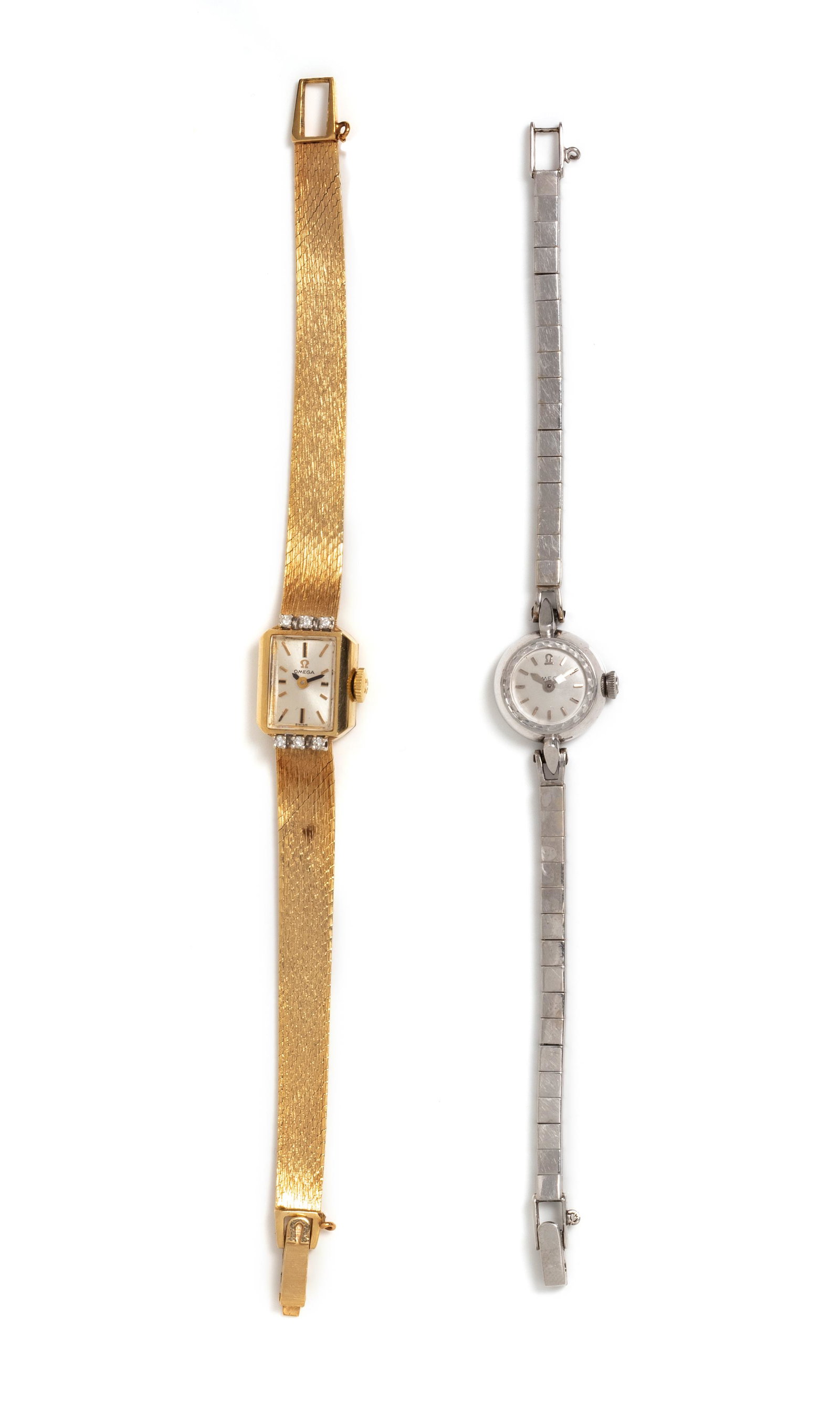 COLLECTION OF OMEGA WRISTWATCHES: COLLECTION OF OMEGA WRISTWATCHES Consisting of a yellow gold wristwatch, the bezel containing six round brilliant cut diamonds, 13.00 x 15.00 mm case dimensions, matte silvered dial signed OMEGA, blac