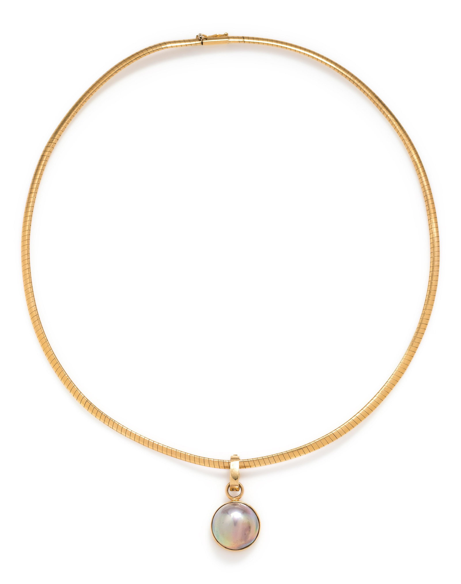 YELLOW GOLD AND CULTURED MABE PEARL PENDANT/NECKLACE: YELLOW GOLD AND CULTURED MABE PEARL PENDANT/NECKLACE Consisting of an omega link necklace measuring approximately 3.00 mm wide suspending a pendant containing one grey mabe pearl measuring approximate