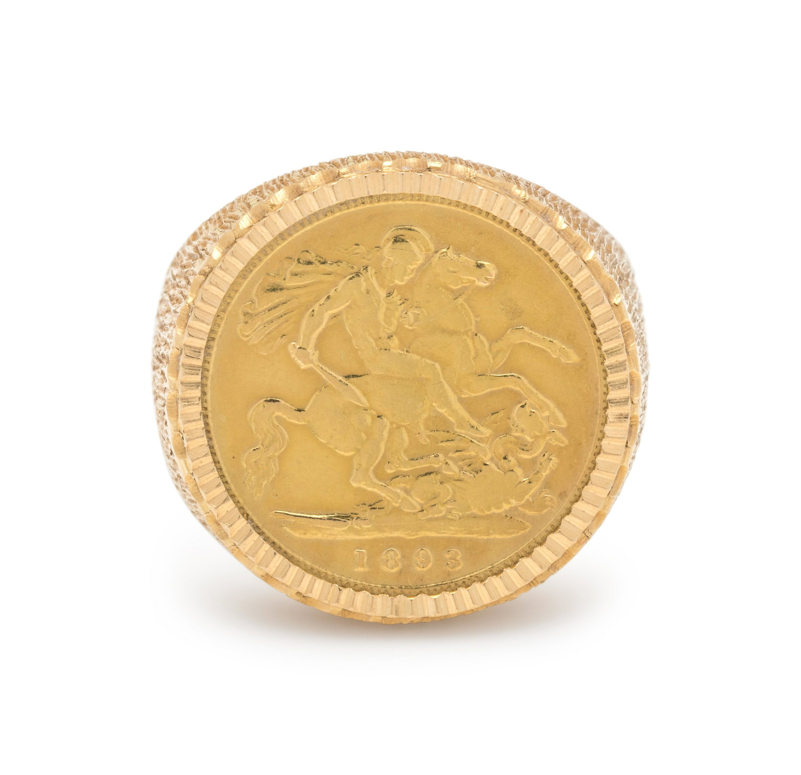 BRITISH SOVEREIGN GOLD COIN RING: BRITISH SOVEREIGN GOLD COIN RING Containing one British Sovereign gold coin, dated 1893. Mounted in textured yellow gold. Stamp: 18ct. 7.55 dwt.