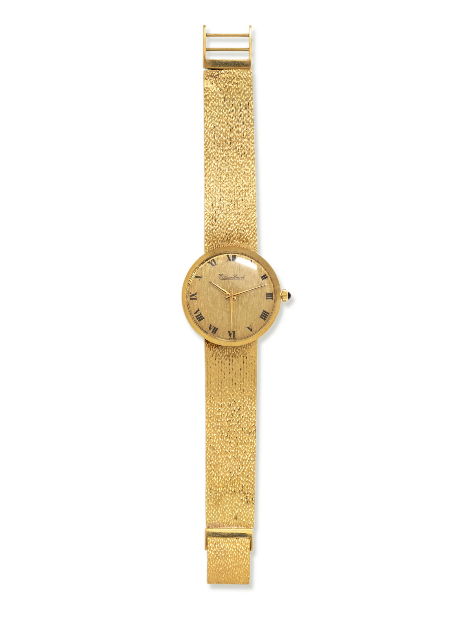LUCIEN PICCARD, 14K YELLOW GOLD WRISTWATCH: LUCIEN PICCARD, 14K YELLOW GOLD WRISTWATCH 33.00 mm case diameter, textured gold dial signed Lucien Piccard, black Roman numerals, gold and black dauphine hands with center sweep seconds, snap on case