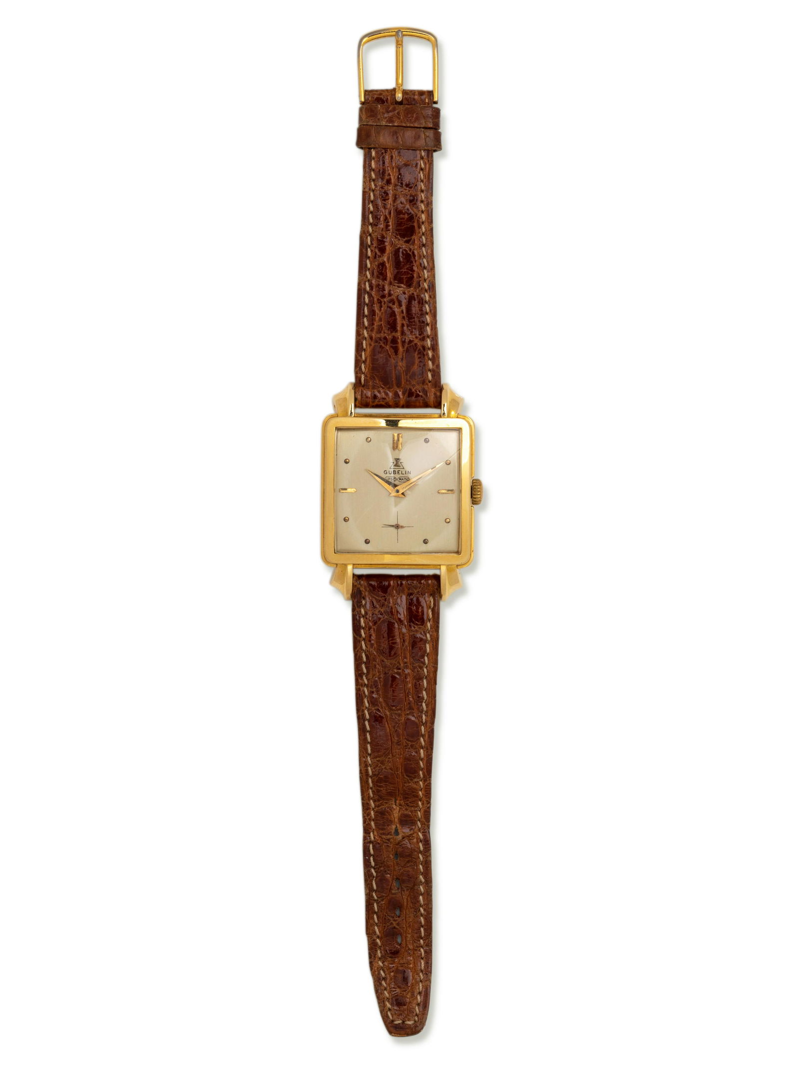 GUBELIN, 18K YELLOW GOLD WRISTWATCH: GUBELIN, 18K YELLOW GOLD WRISTWATCH 32.00 x 31.00 mm case dimensions, matte silvered dial signed GUBELIN, applied dot and baton numerals, gold pitched dauphine hands, subdial for seconds at 6 o'clock,