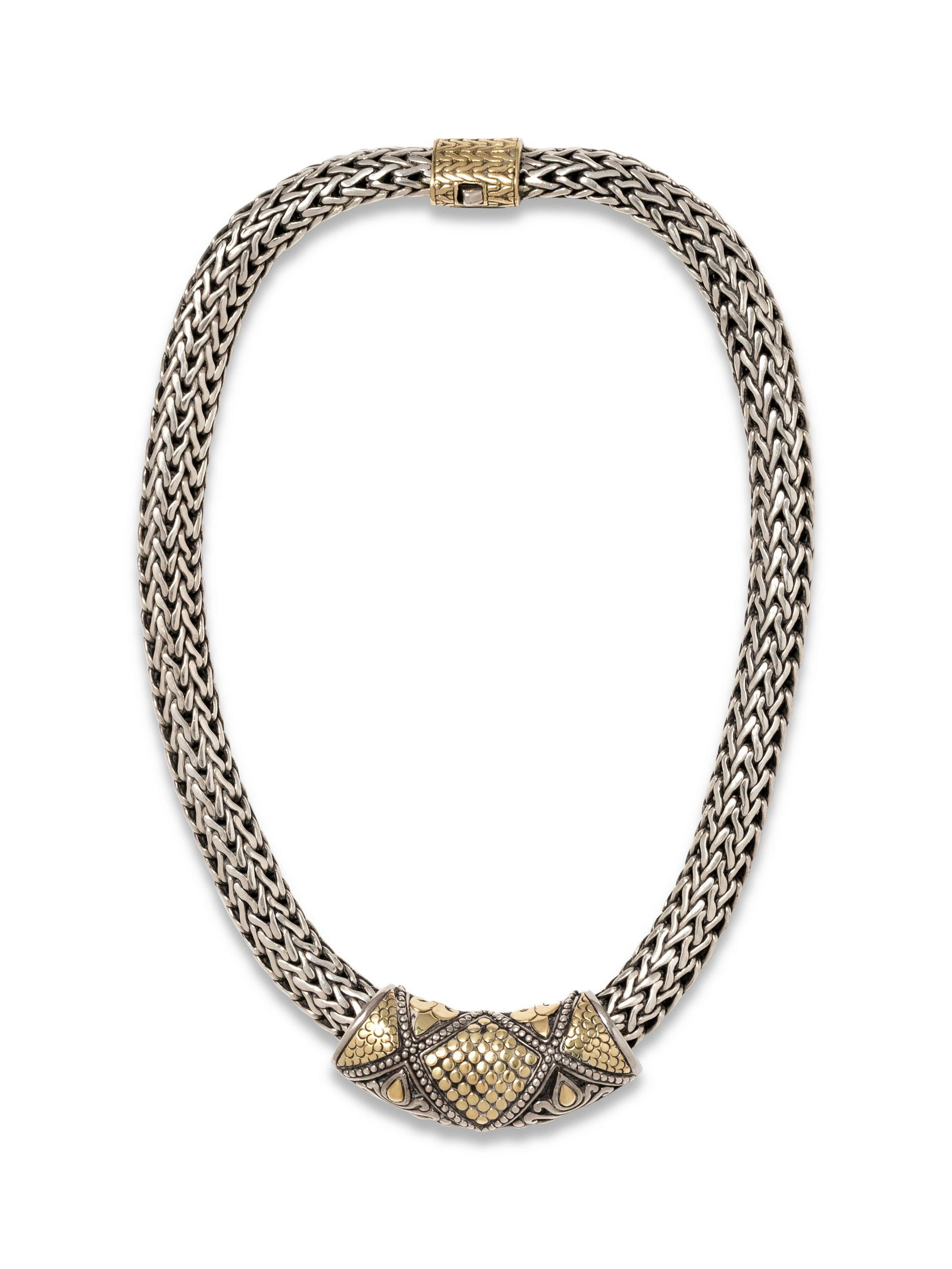 JOHN HARDY, STERLING SILVER AND YELLOW GOLD NECKLACE: JOHN HARDY, STERLING SILVER AND YELLOW GOLD NECKLACE Consisting of a mesh link chain measuring approximately 10.00 mm wide, suspending a pendant slide with yellow gold accents. Stamp: (maker's mark fo