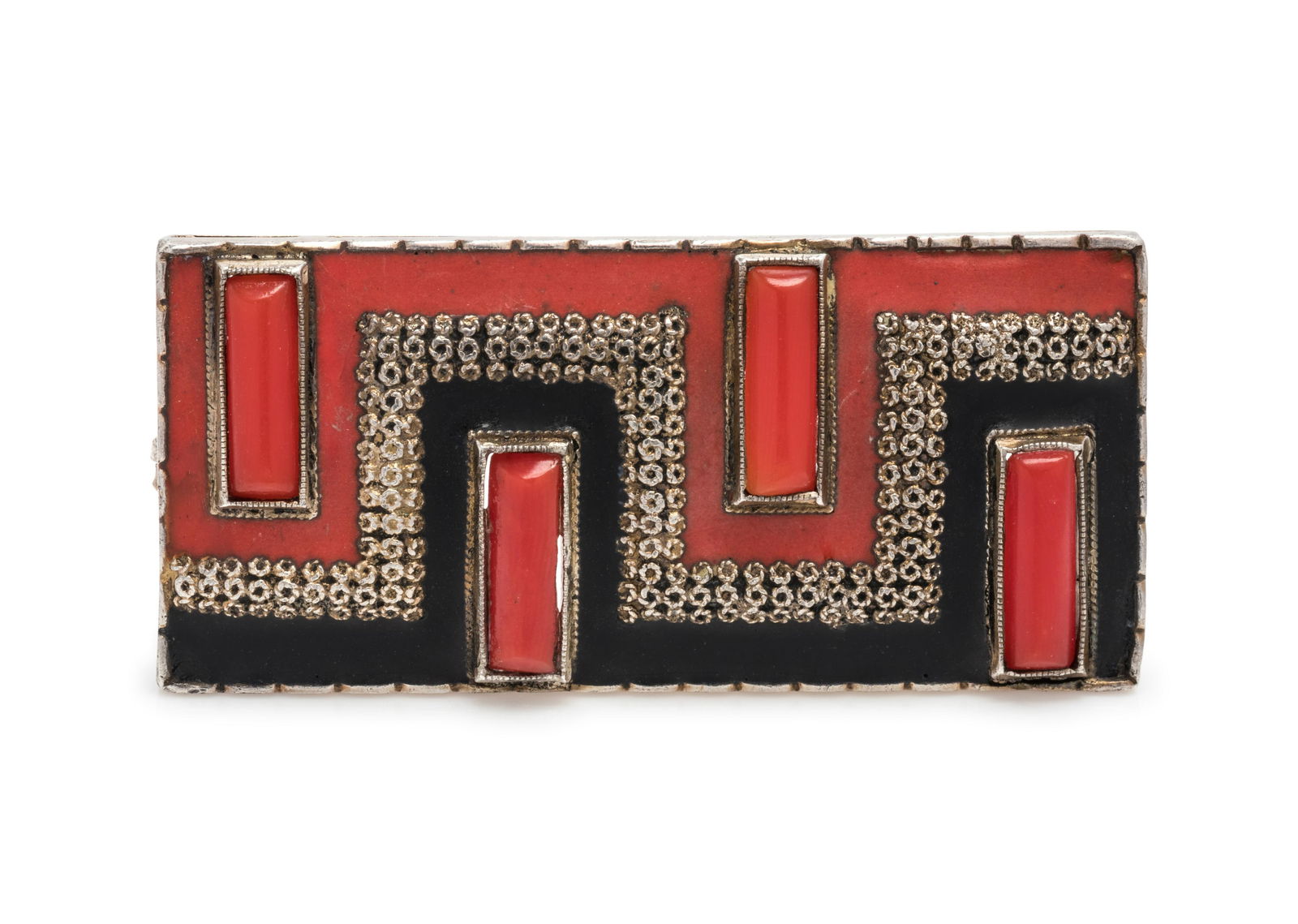THEODOR FAHRNER, ART DECO, CORAL AND ENAMEL BROOCH: THEODOR FAHRNER, ART DECO, CORAL AND ENAMEL BROOCH Consisting of a rectangular silver brooch containing four rectangular coral bars, with red and black enamel. Stamp: (maker's mark) 935. 17.05 dwt.