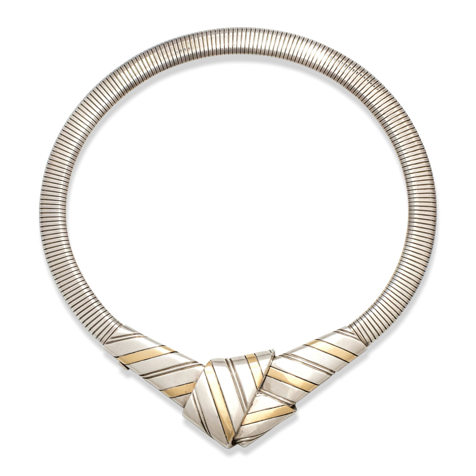 MICHAEL BONDANZA, STERLING SILVER KNOT MOTIF NECKLACE: MICHAEL BONDANZA, STERLING SILVER KNOT MOTIF NECKLACE Consisting of a tubogas necklace measuring approximately 10.00 mm wide, with a knot motif with yellow gold accents. Stamp: (maker's mark) 18K 925.