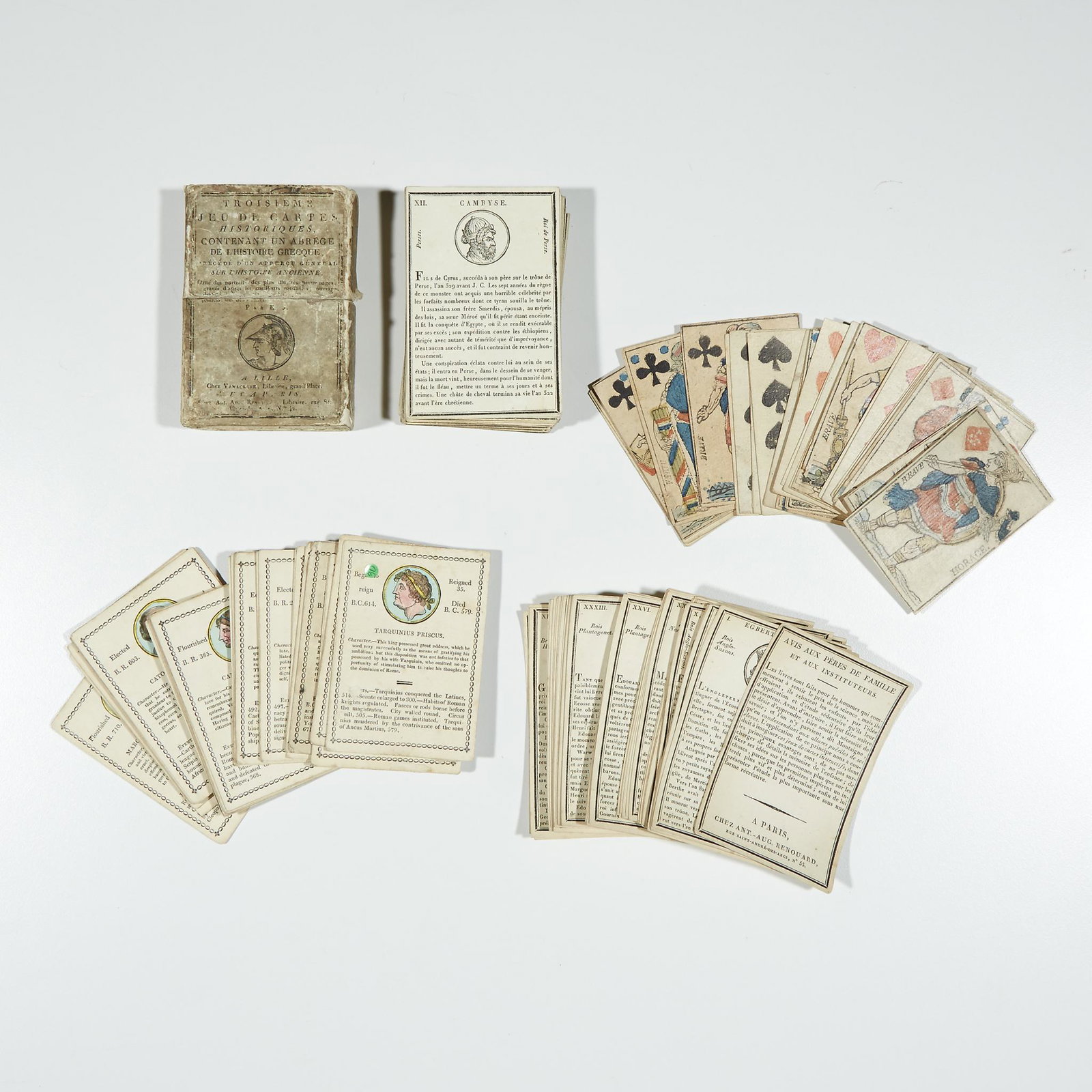 [Playing Cards],: [Playing Cards] French Revolutionary Deck (incomplete) Issued in 1792. Block & stencil, 84x55mm., square borders & corners, plain backs, single figure; some dust smudging, scattered abrasions. 27 of 5