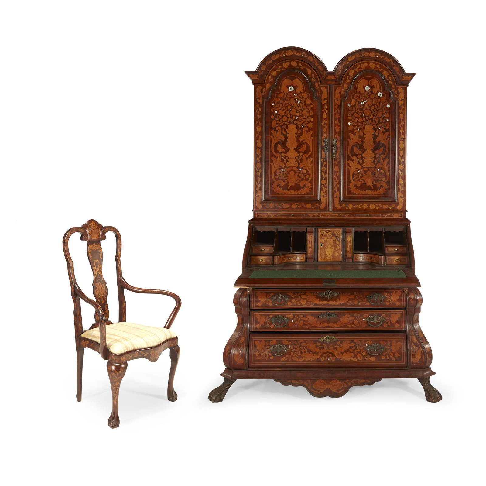 A Dutch Rococo floral marquetry secretary, late: A Dutch Rococo floral marquetry secretary, 20th century. Sold together with a conforming Dutch floral marquetry armchair. (2).